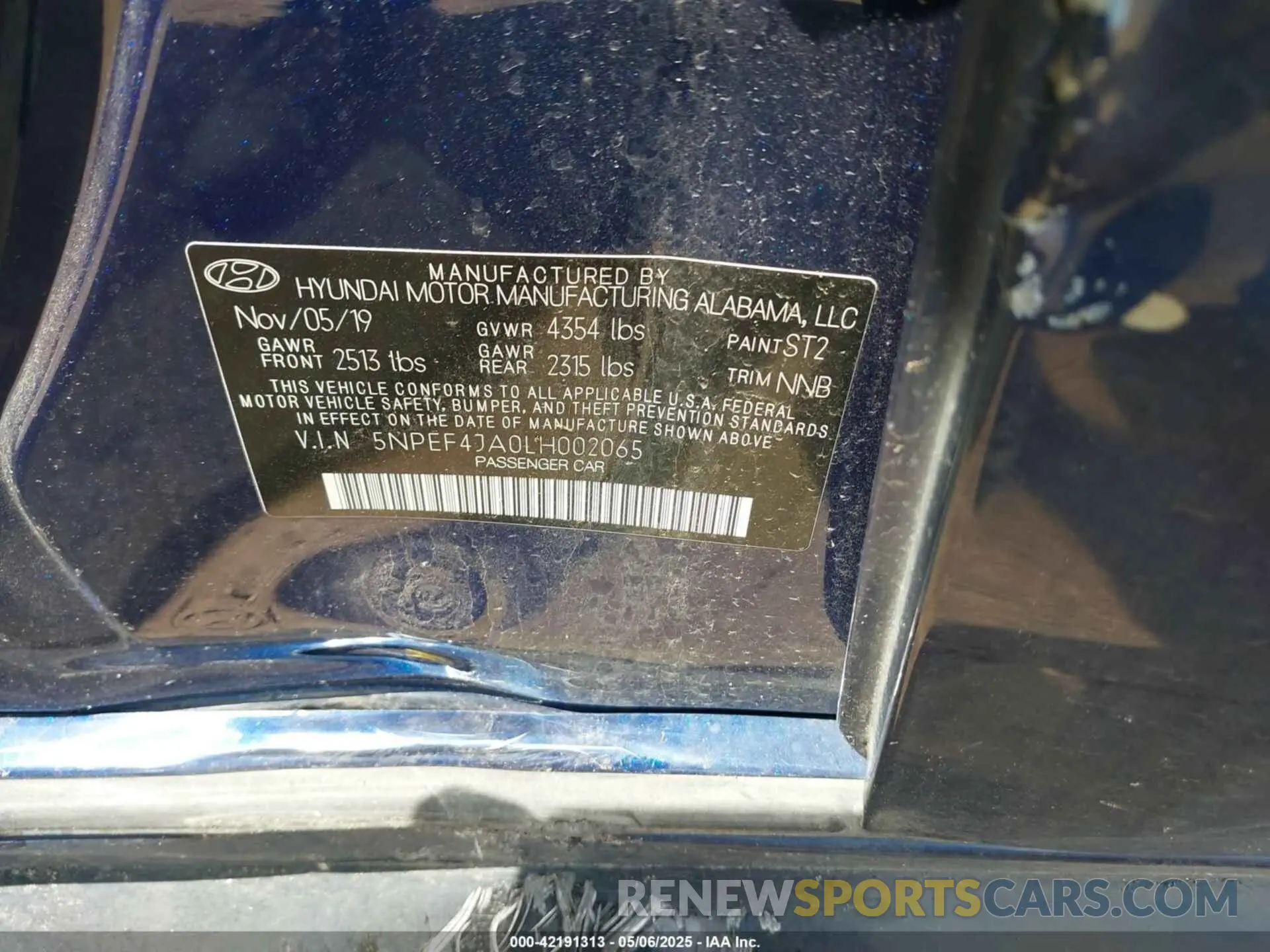 9 fotografías del automóvil dañado 5NPEF4JA0LH002065 HYUNDAI SONATA 2020