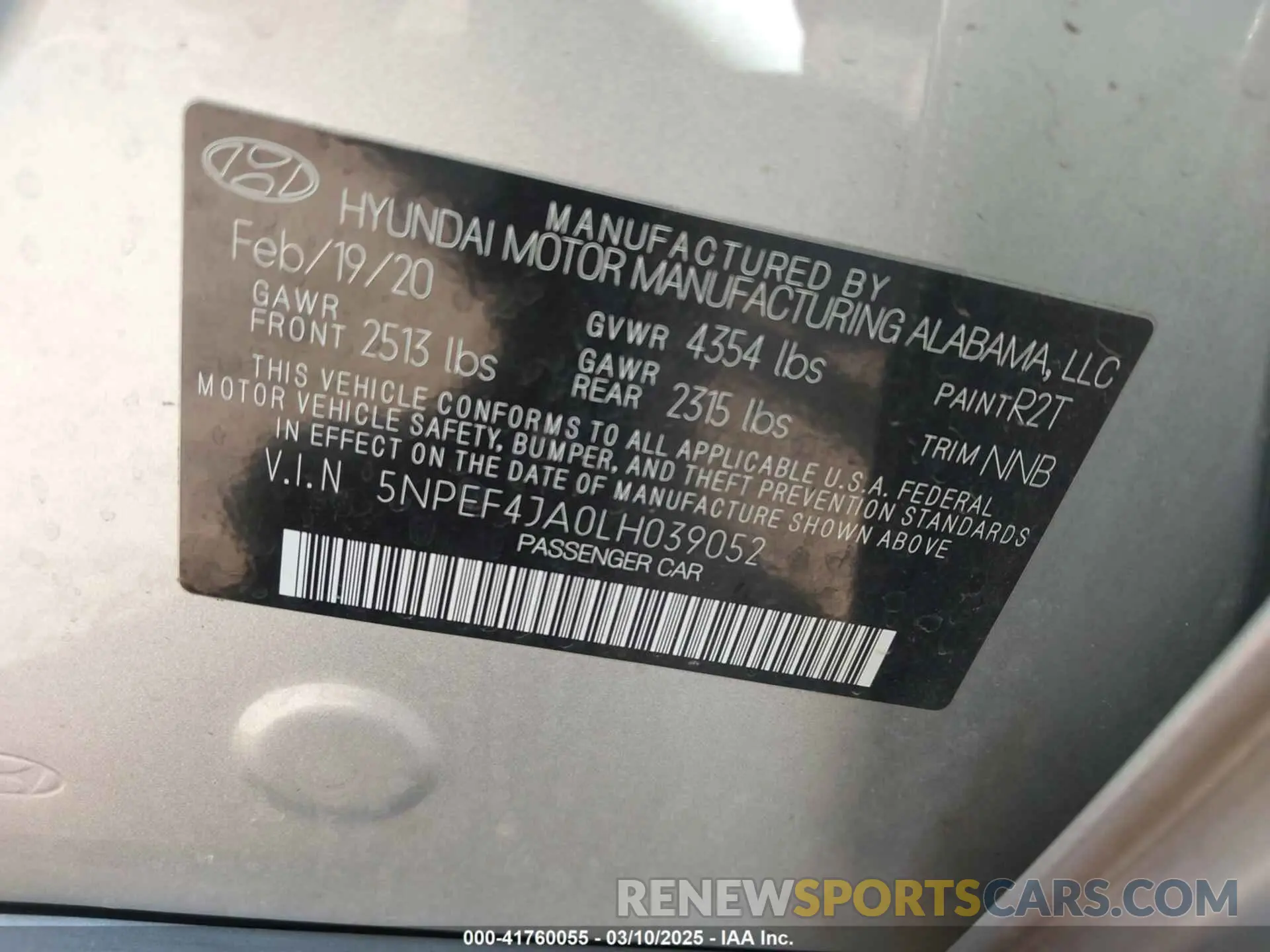 9 fotografías del automóvil dañado 5NPEF4JA0LH039052 HYUNDAI SONATA 2020