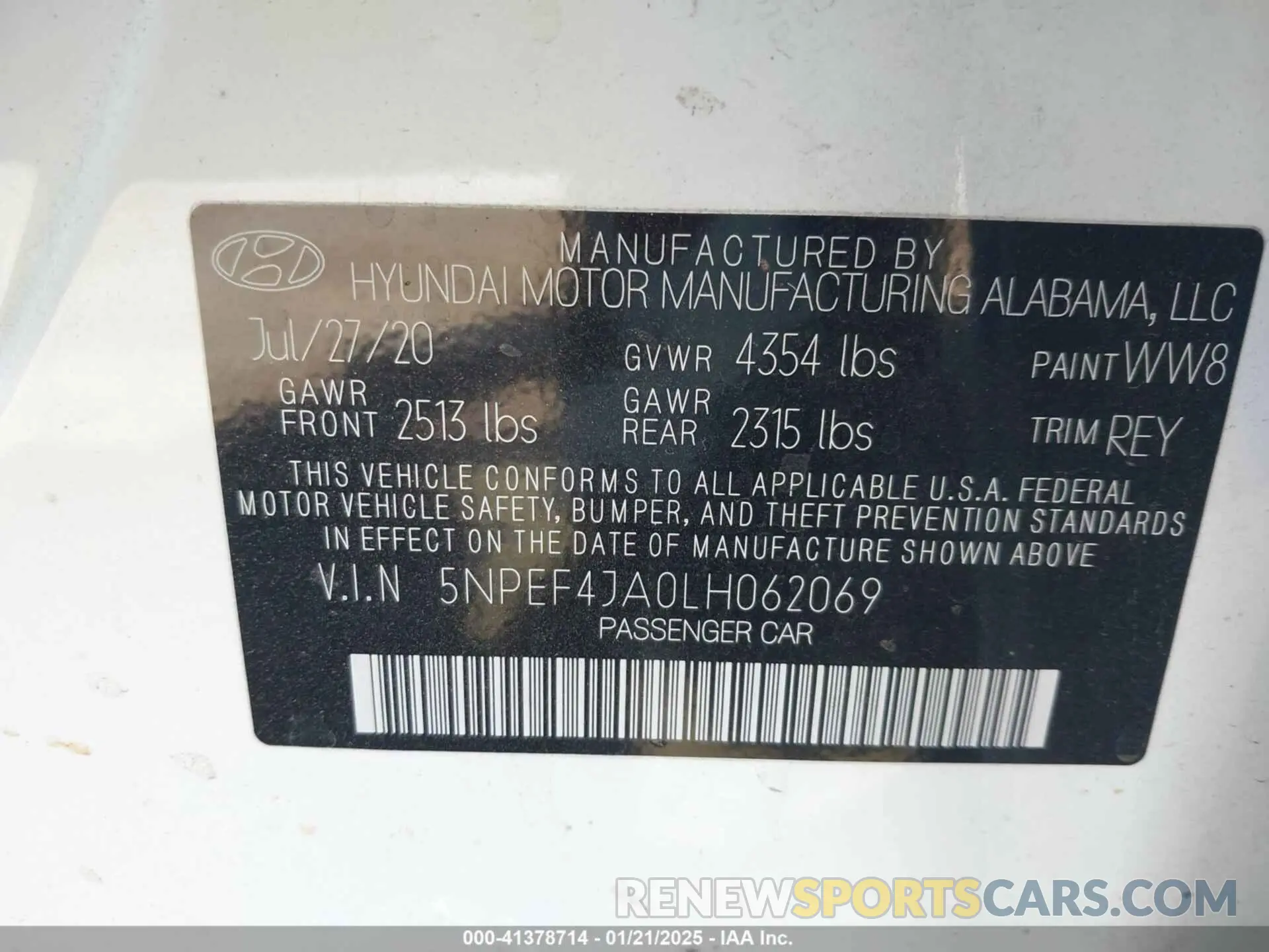 9 fotografías del automóvil dañado 5NPEF4JA0LH062069 HYUNDAI SONATA 2020