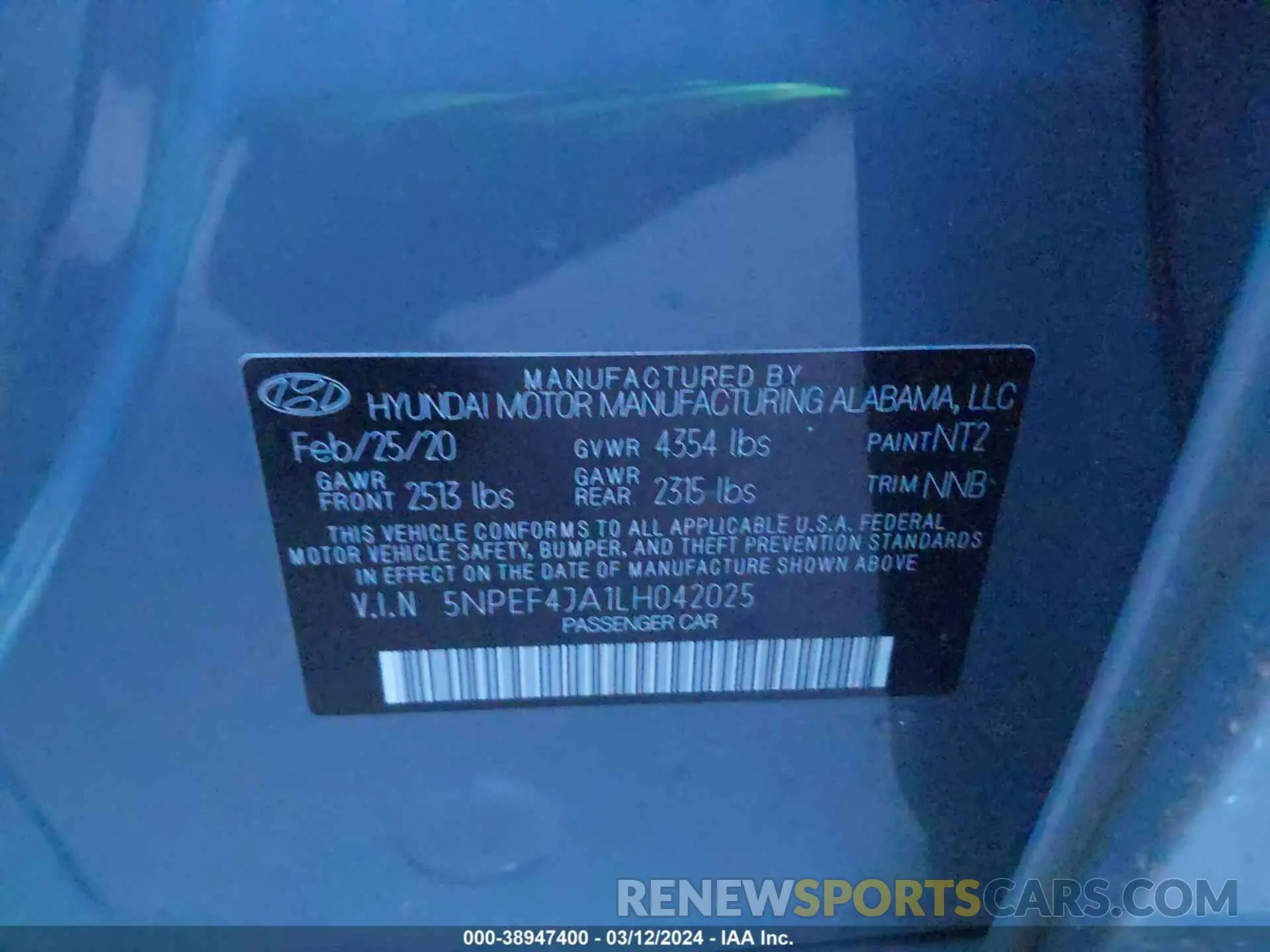 9 fotografías del automóvil dañado 5NPEF4JA1LH042025 HYUNDAI SONATA 2020