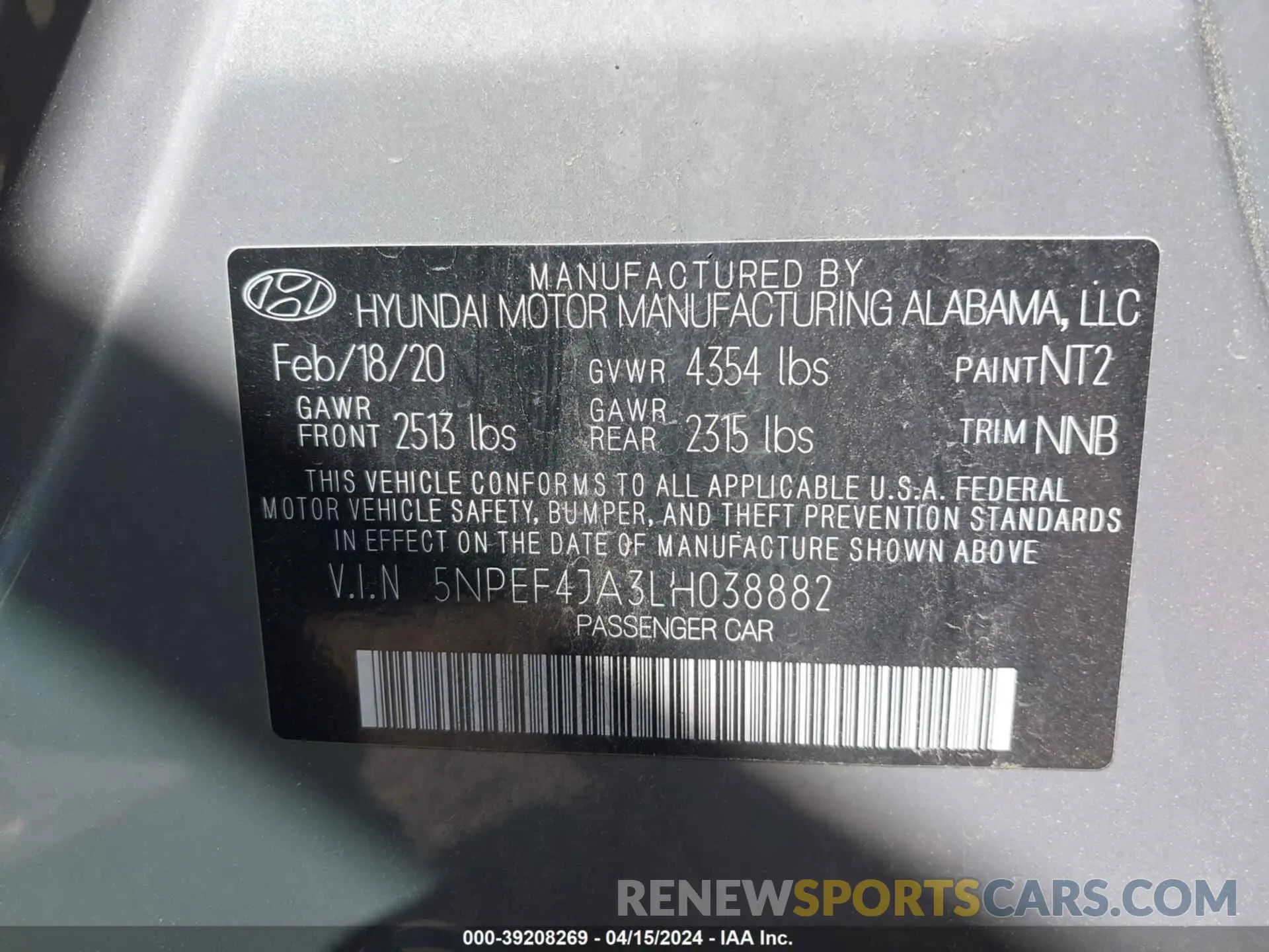 9 fotografías del automóvil dañado 5NPEF4JA3LH038882 HYUNDAI SONATA 2020