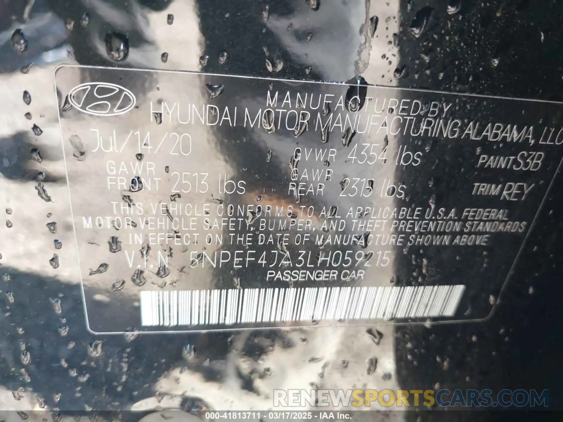 9 fotografías del automóvil dañado 5NPEF4JA3LH059215 HYUNDAI SONATA 2020