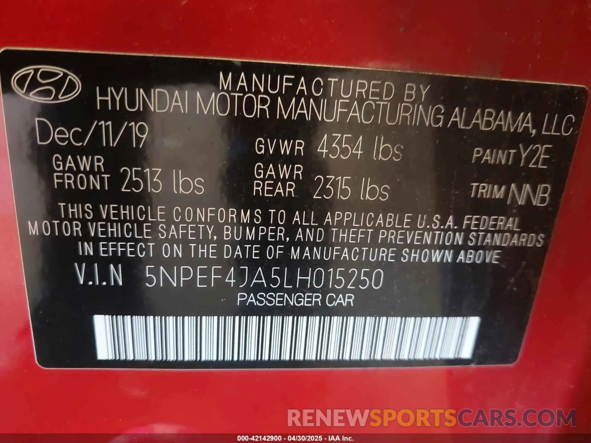 9 fotografías del automóvil dañado 5NPEF4JA5LH015250 HYUNDAI SONATA 2020