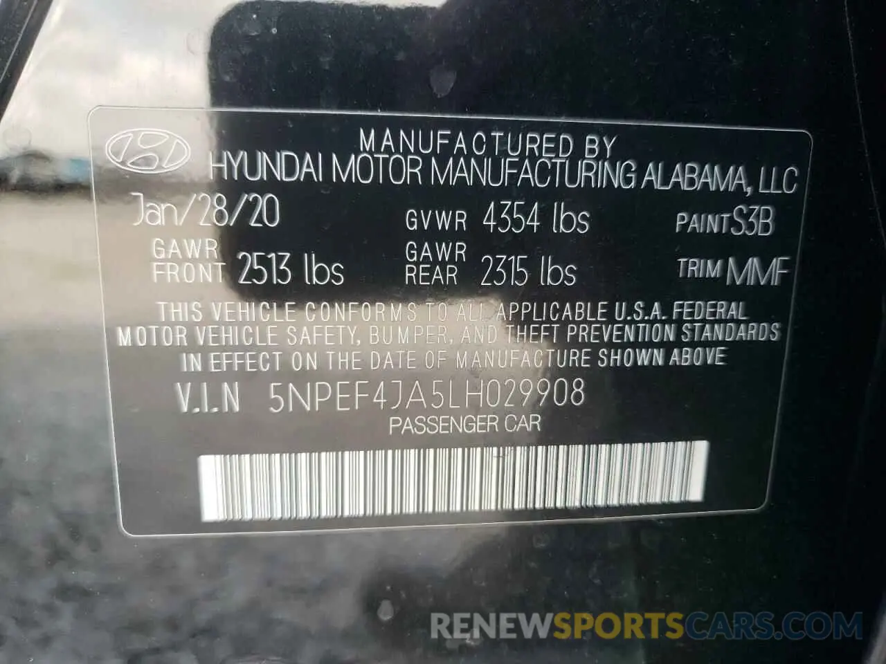 14 fotografías del automóvil dañado 5NPEF4JA5LH029908 HYUNDAI SONATA 2020
