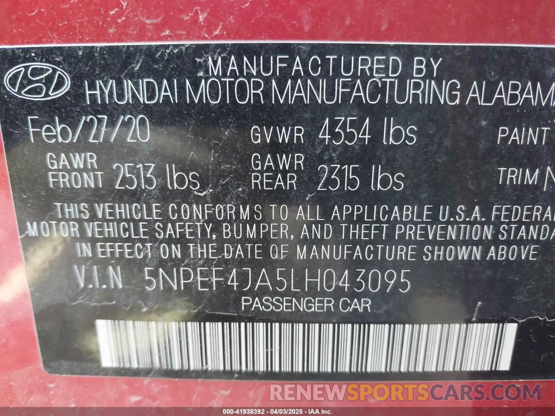9 fotografías del automóvil dañado 5NPEF4JA5LH043095 HYUNDAI SONATA 2020