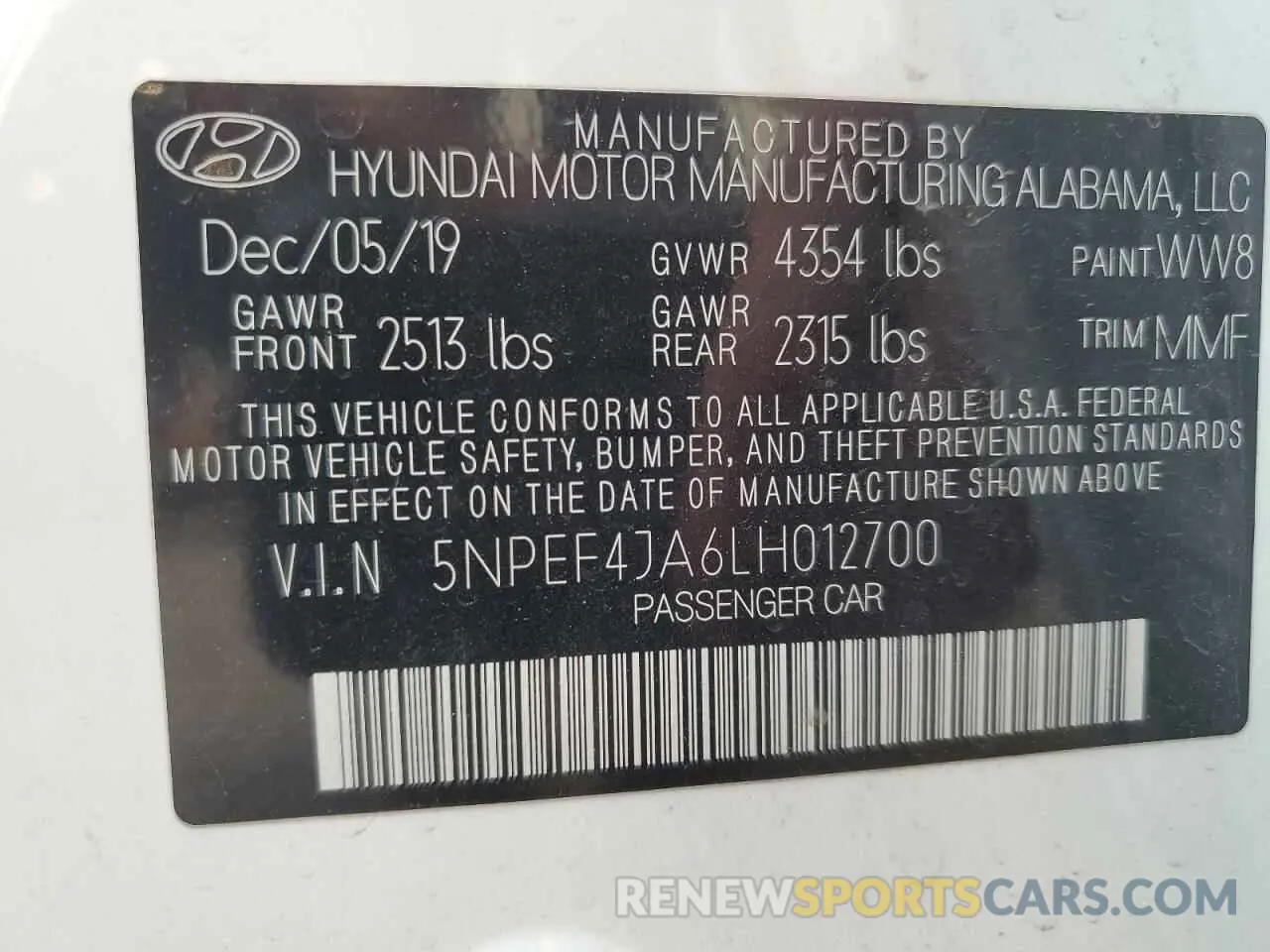 13 fotografías del automóvil dañado 5NPEF4JA6LH012700 HYUNDAI SONATA 2020