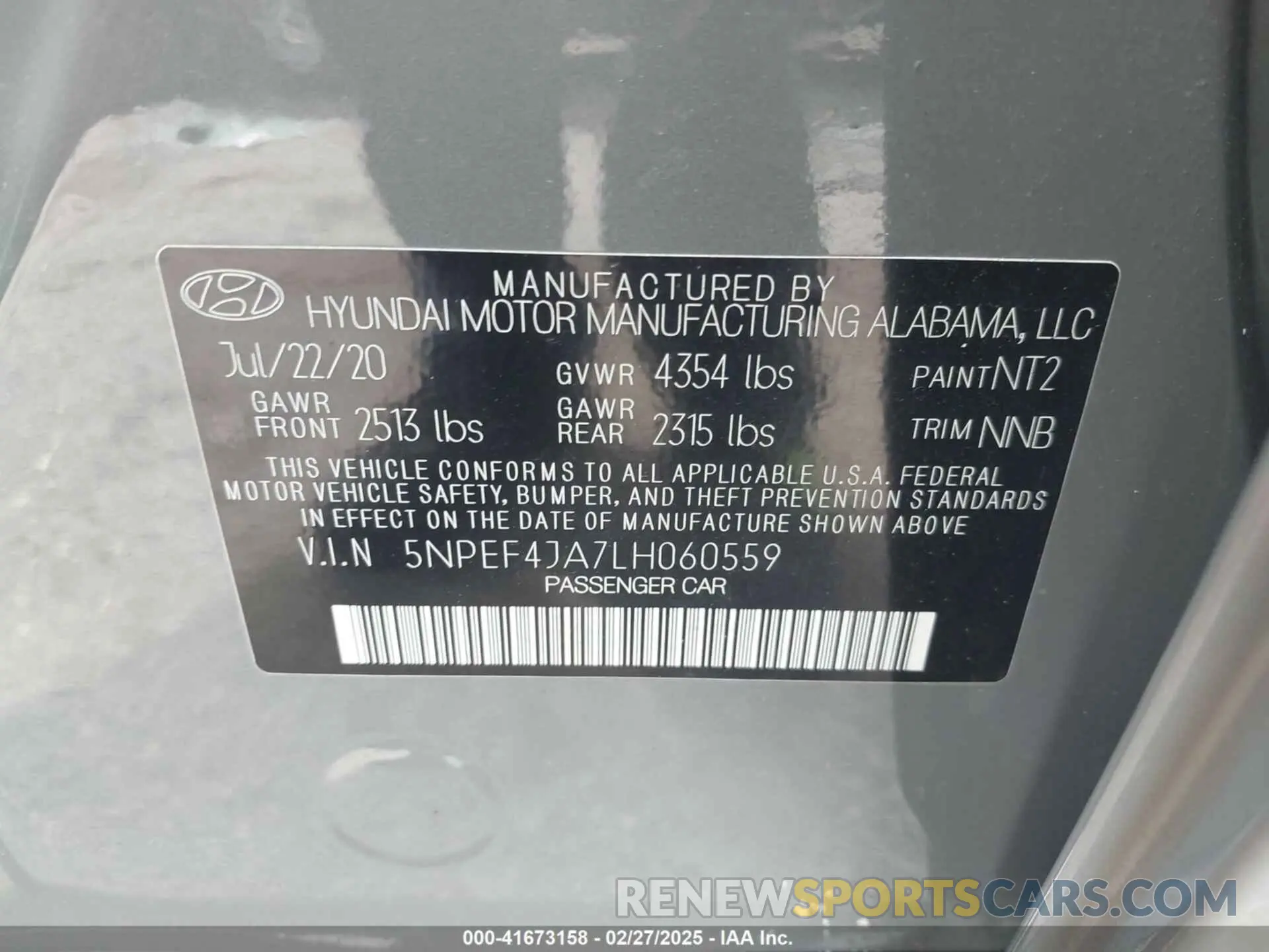 9 fotografías del automóvil dañado 5NPEF4JA7LH060559 HYUNDAI SONATA 2020