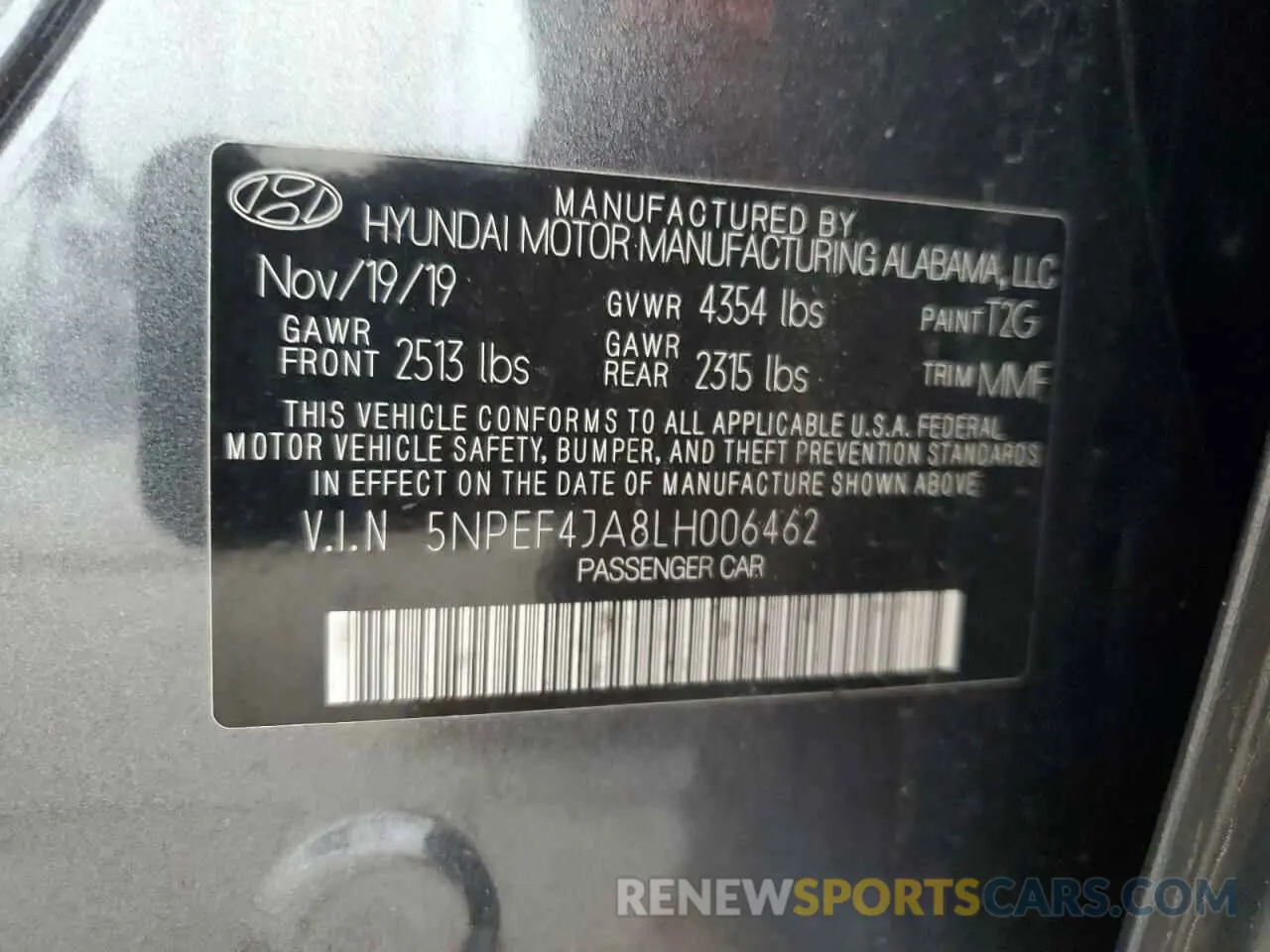 13 fotografías del automóvil dañado 5NPEF4JA8LH006462 HYUNDAI SONATA 2020