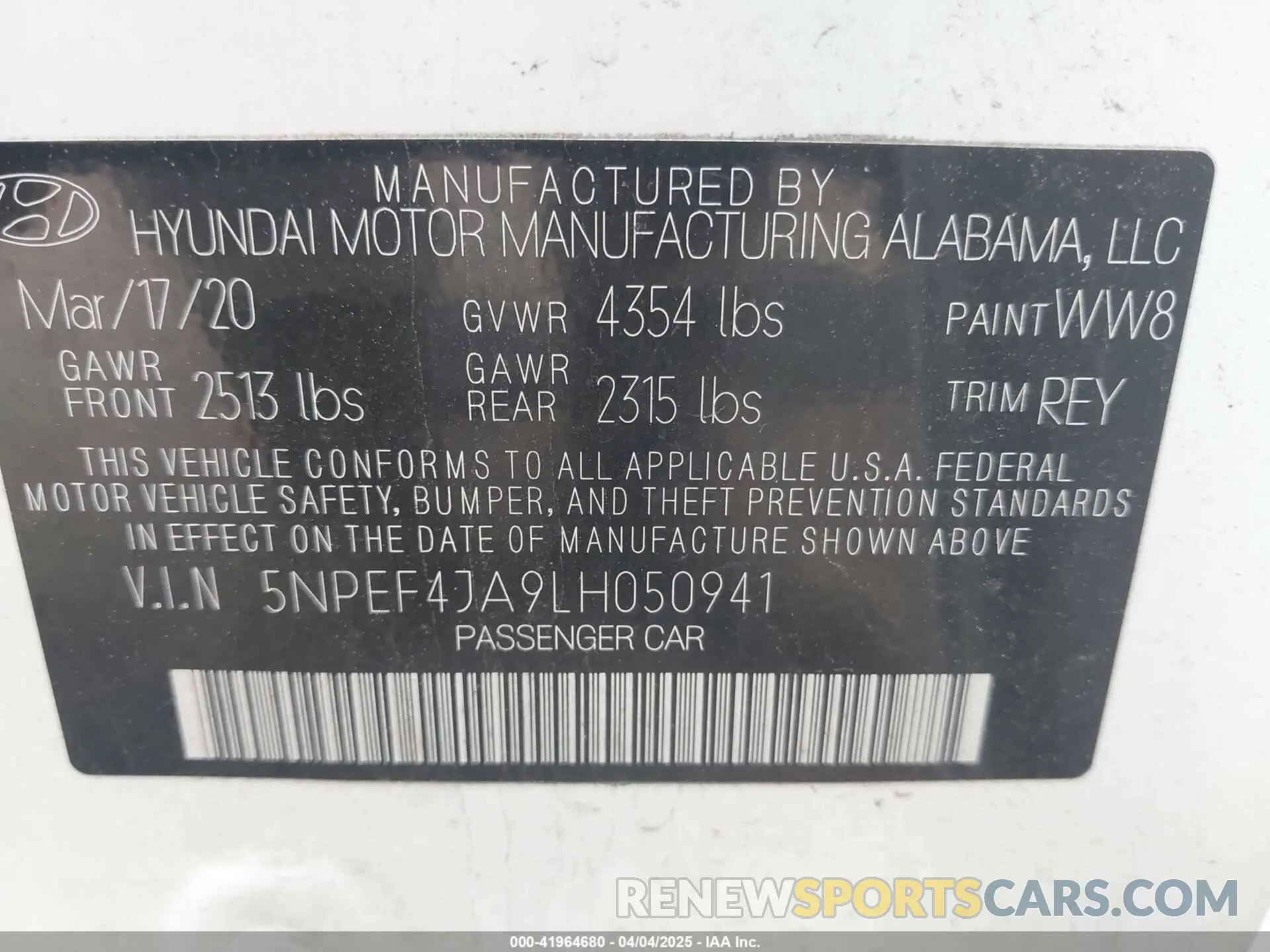 9 fotografías del automóvil dañado 5NPEF4JA9LH050941 HYUNDAI SONATA 2020
