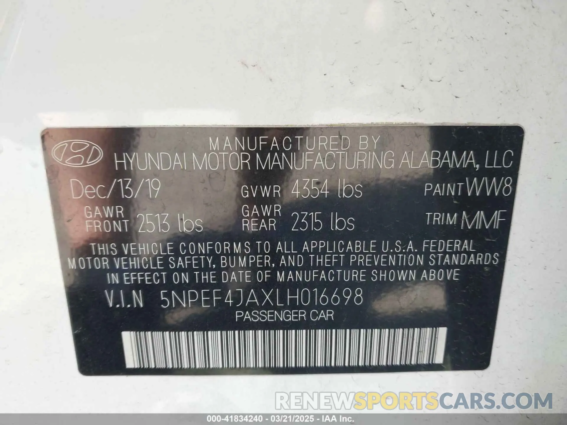 9 fotografías del automóvil dañado 5NPEF4JAXLH016698 HYUNDAI SONATA 2020