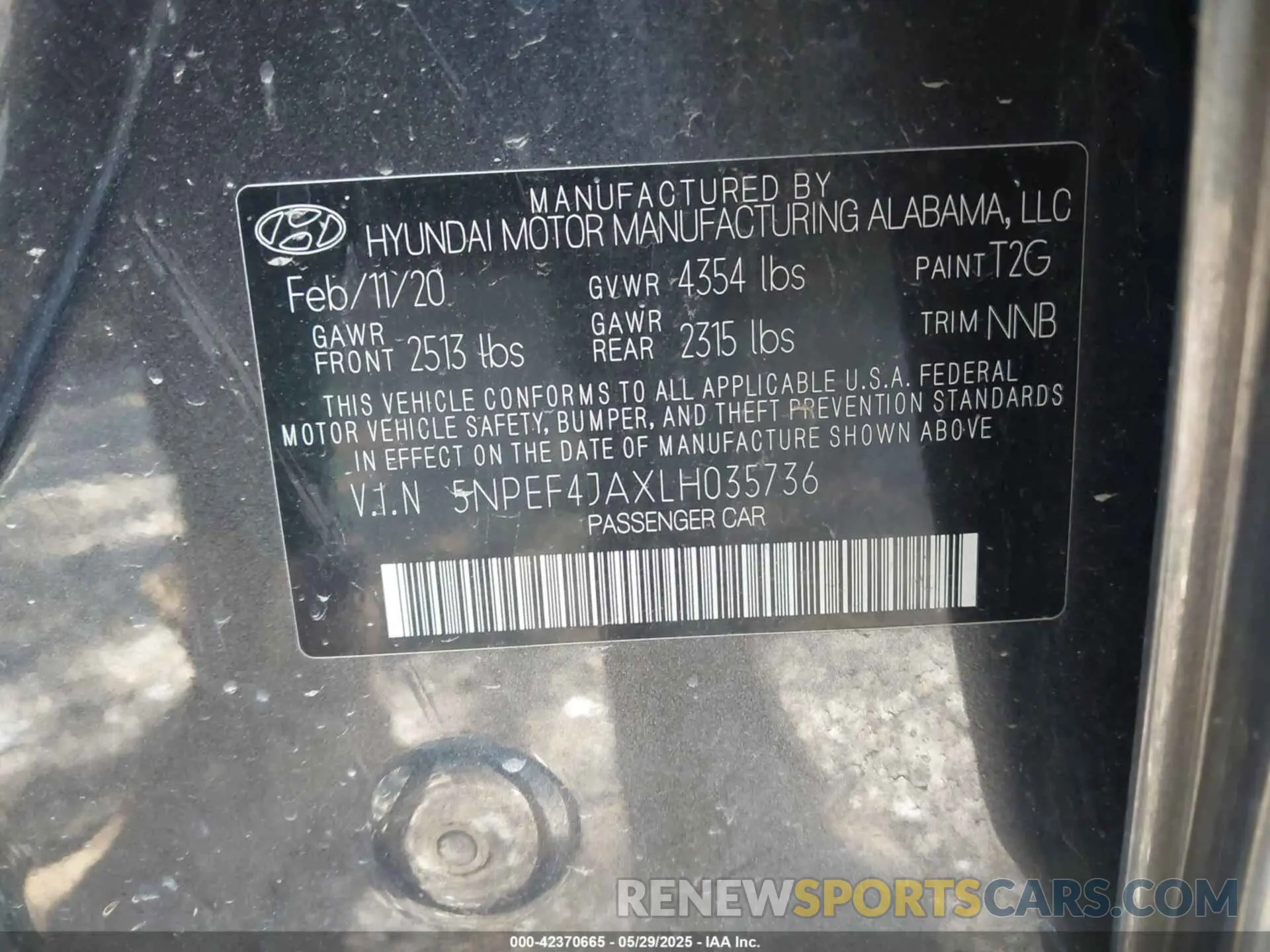 9 fotografías del automóvil dañado 5NPEF4JAXLH035736 HYUNDAI SONATA 2020