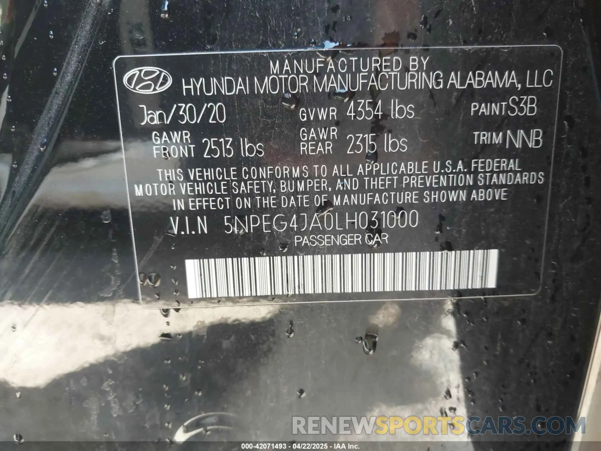 9 fotografías del automóvil dañado 5NPEG4JA0LH031000 HYUNDAI SONATA 2020