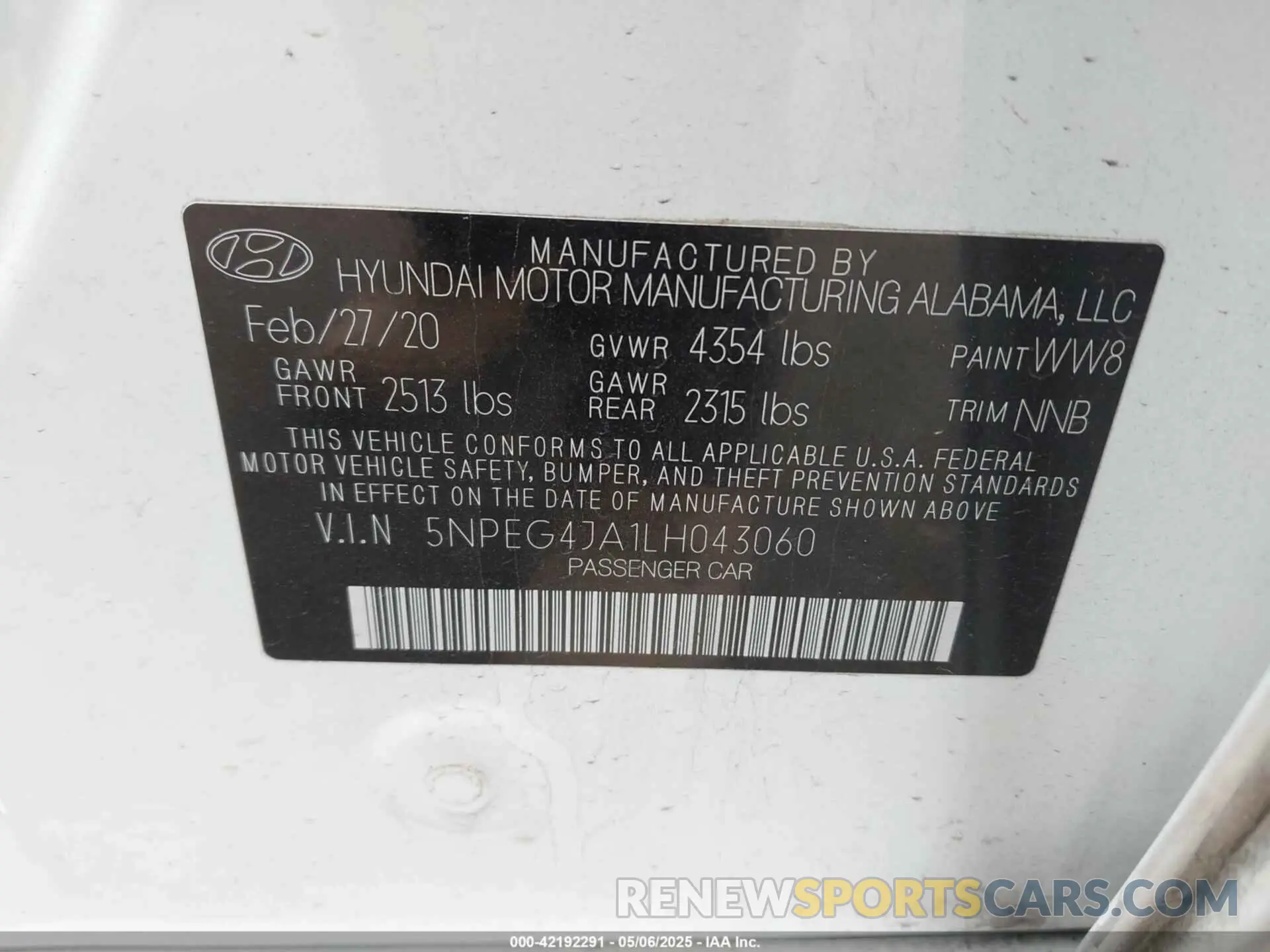 9 fotografías del automóvil dañado 5NPEG4JA1LH043060 HYUNDAI SONATA 2020