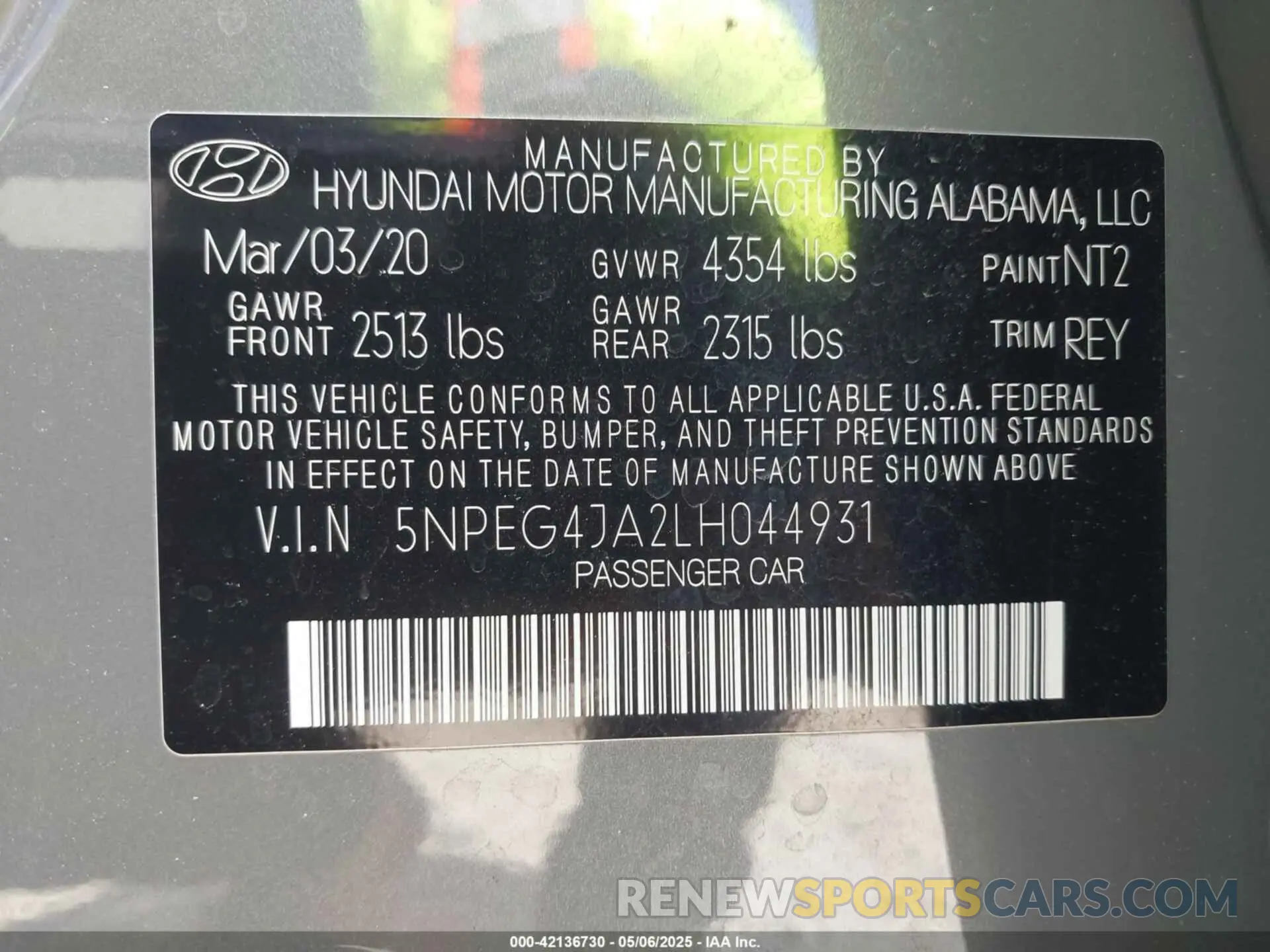 9 fotografías del automóvil dañado 5NPEG4JA2LH044931 HYUNDAI SONATA 2020