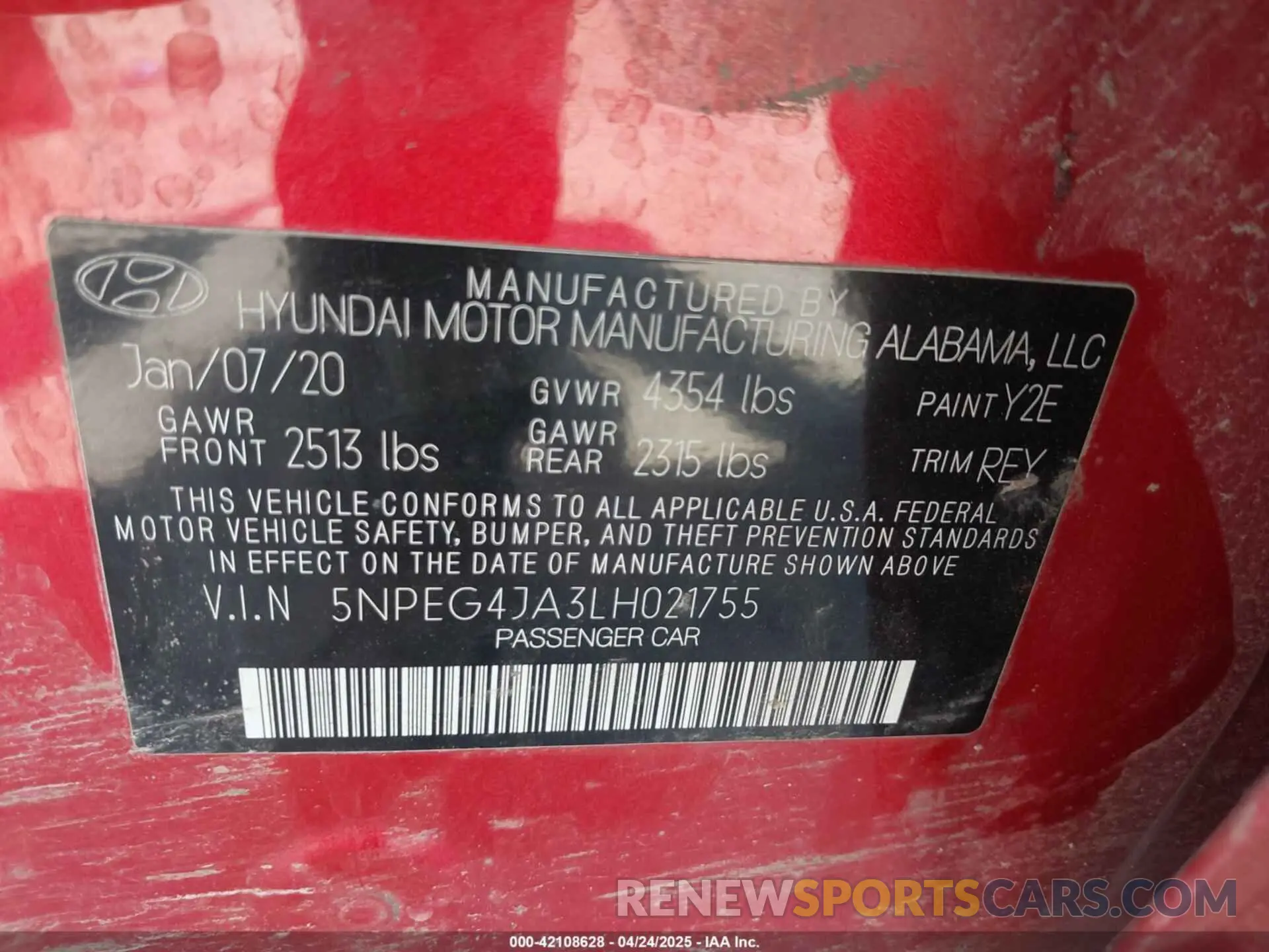 9 fotografías del automóvil dañado 5NPEG4JA3LH021755 HYUNDAI SONATA 2020