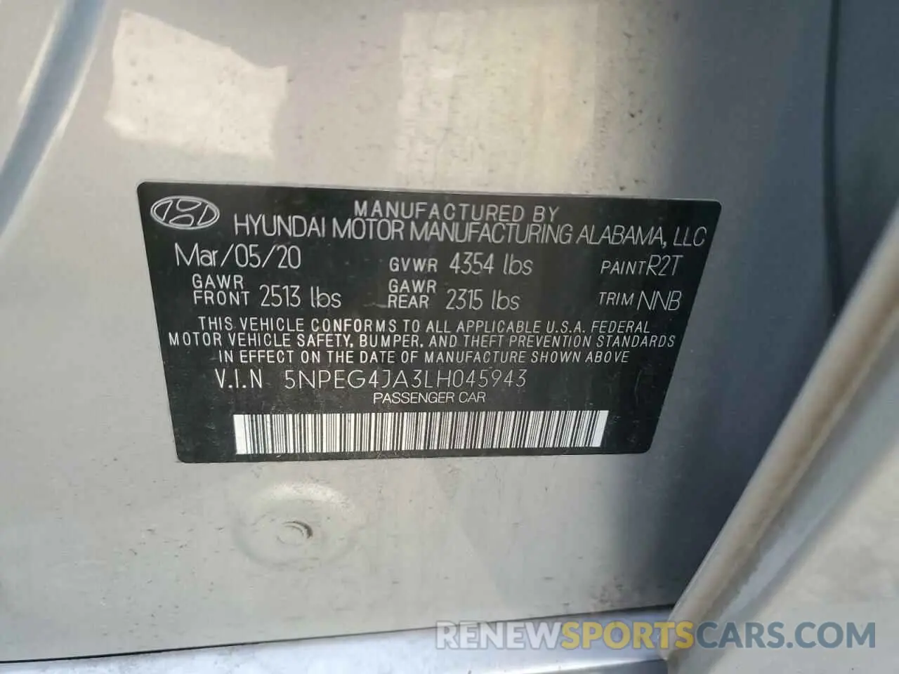 12 fotografías del automóvil dañado 5NPEG4JA3LH045943 HYUNDAI SONATA 2020