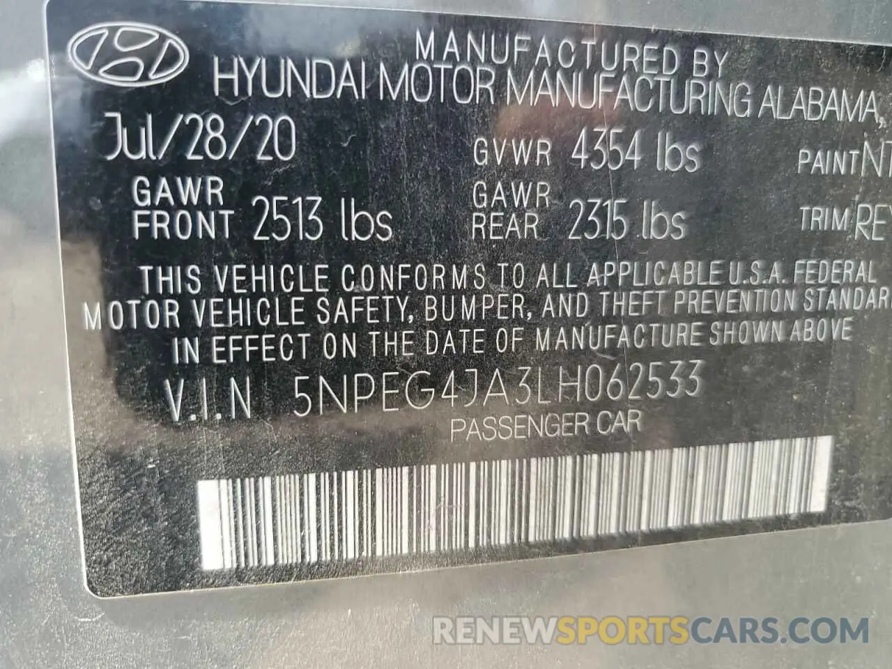 12 fotografías del automóvil dañado 5NPEG4JA3LH062533 HYUNDAI SONATA 2020