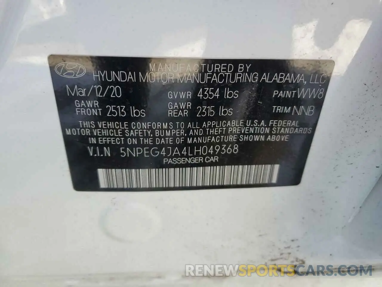 13 fotografías del automóvil dañado 5NPEG4JA4LH049368 HYUNDAI SONATA 2020