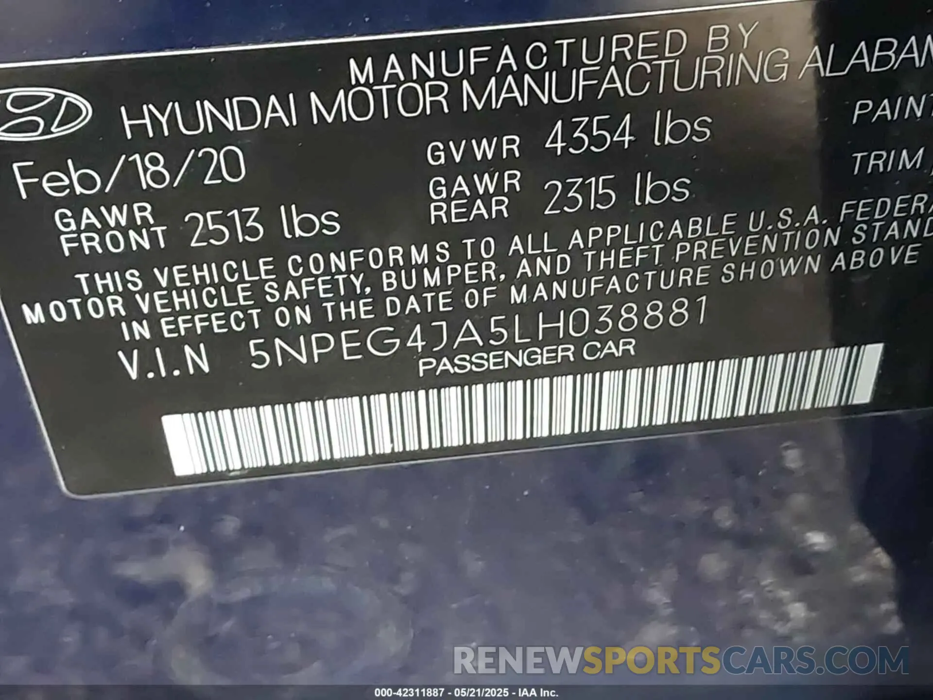 9 fotografías del automóvil dañado 5NPEG4JA5LH038881 HYUNDAI SONATA 2020