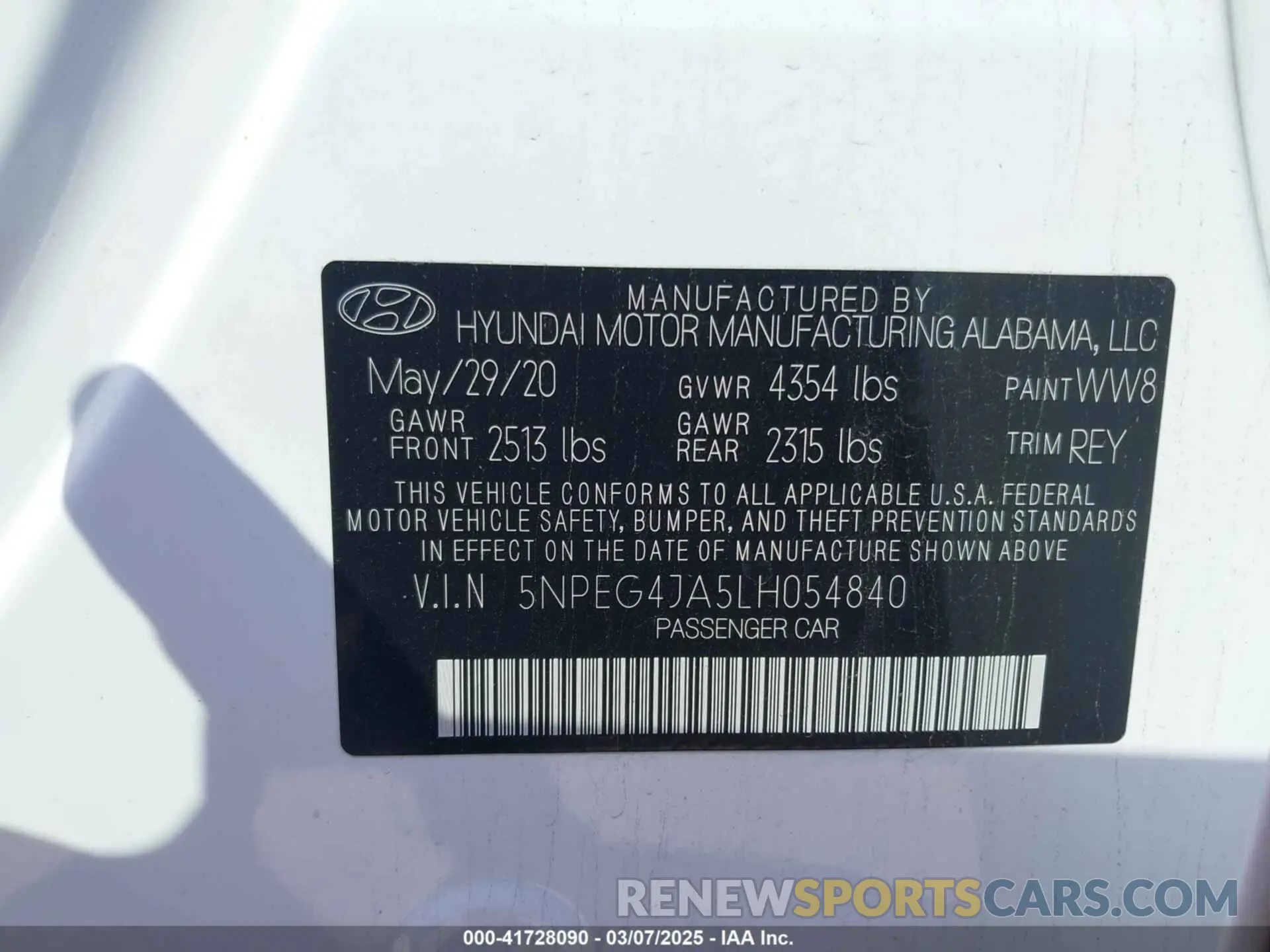 9 fotografías del automóvil dañado 5NPEG4JA5LH054840 HYUNDAI SONATA 2020