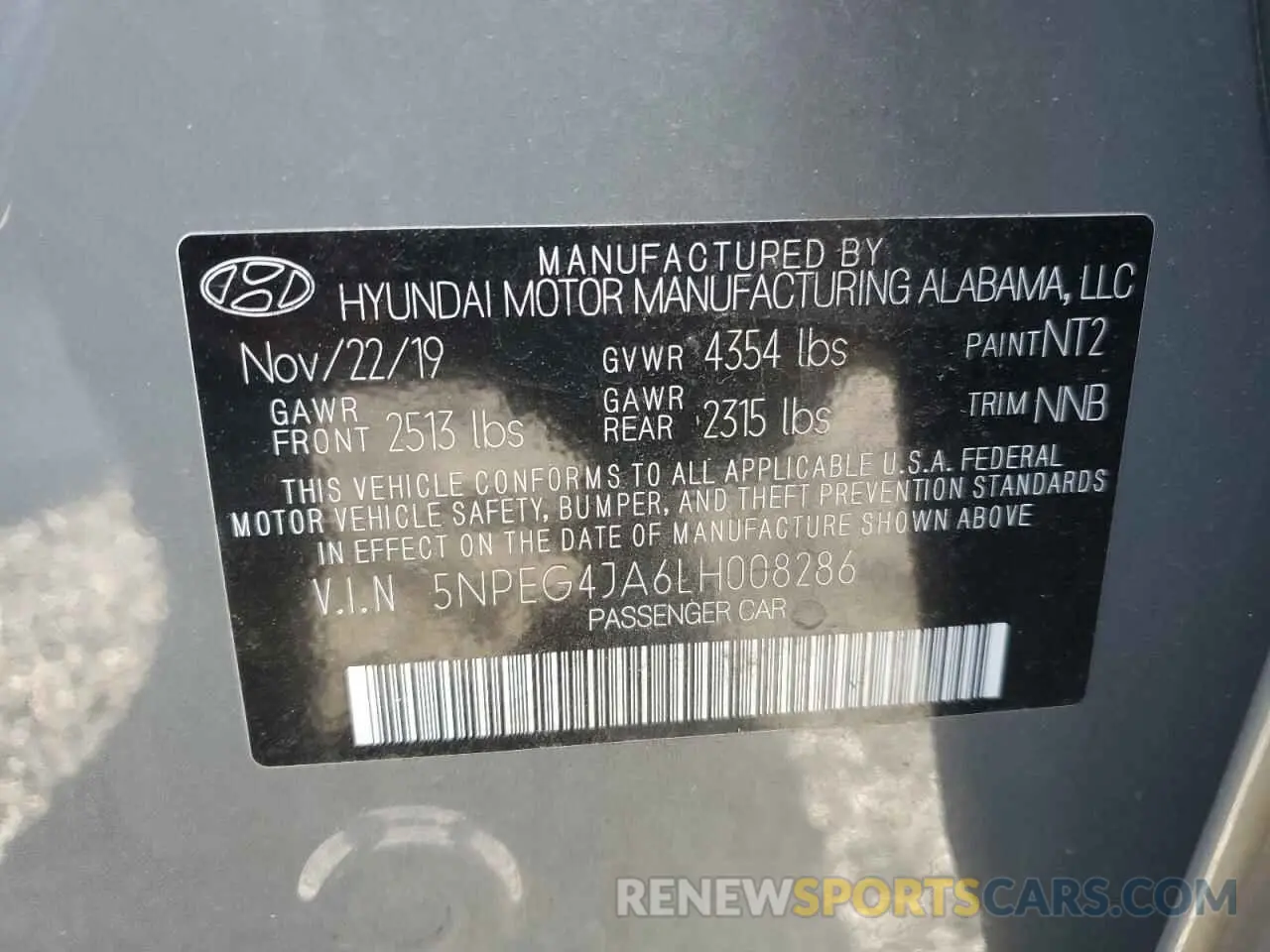 12 fotografías del automóvil dañado 5NPEG4JA6LH008286 HYUNDAI SONATA 2020