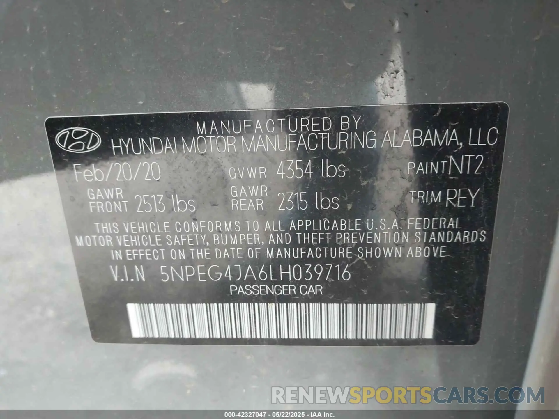 9 fotografías del automóvil dañado 5NPEG4JA6LH039716 HYUNDAI SONATA 2020