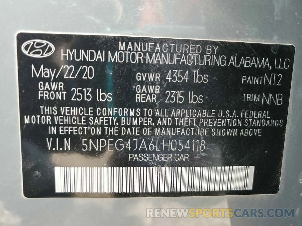 14 fotografías del automóvil dañado 5NPEG4JA6LH054118 HYUNDAI SONATA 2020