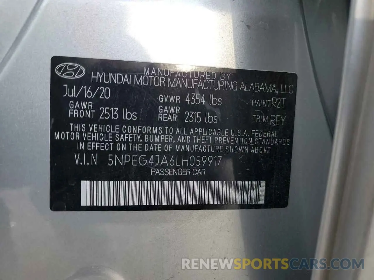 14 fotografías del automóvil dañado 5NPEG4JA6LH059917 HYUNDAI SONATA 2020