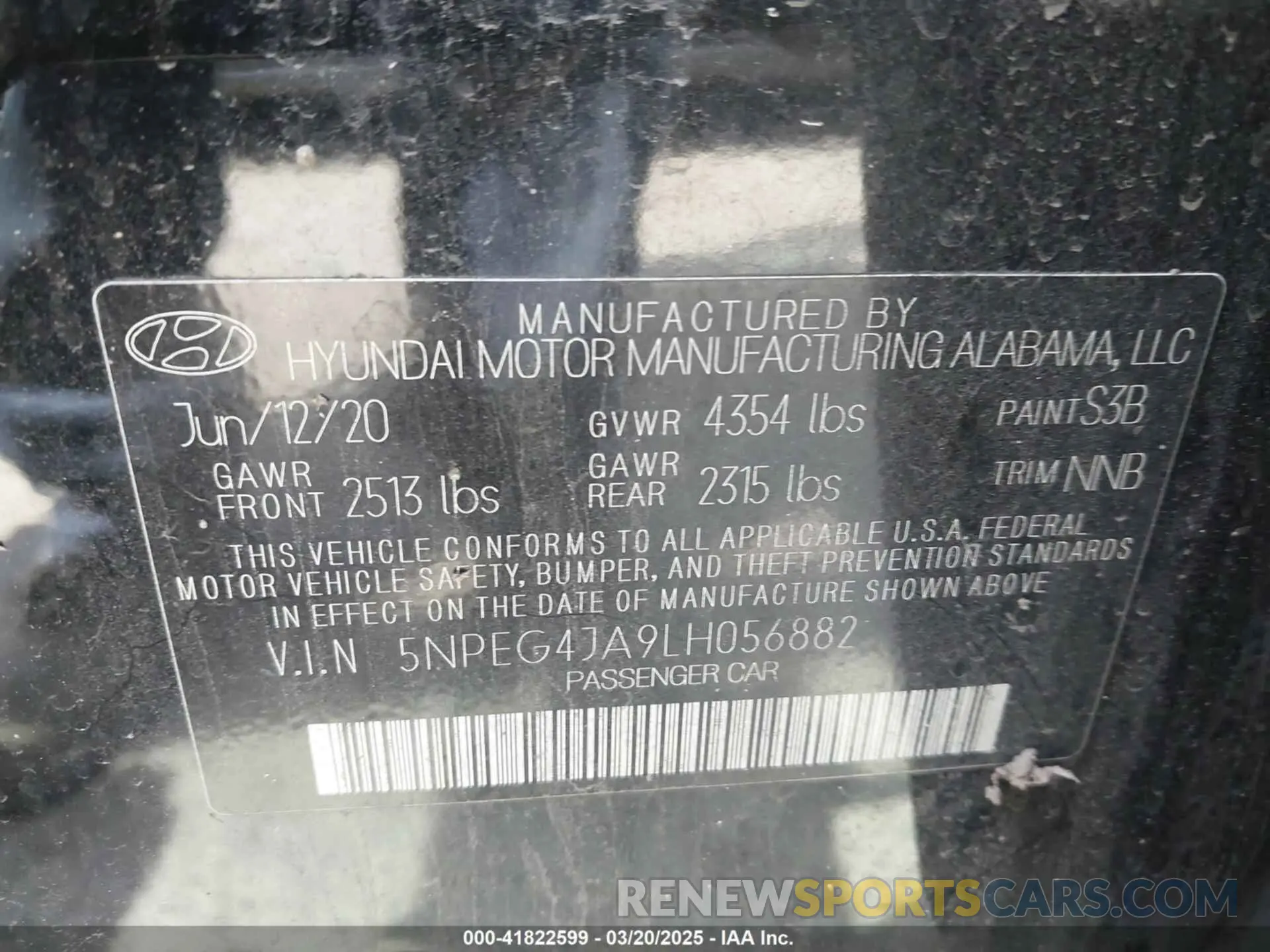 9 fotografías del automóvil dañado 5NPEG4JA9LH056882 HYUNDAI SONATA 2020