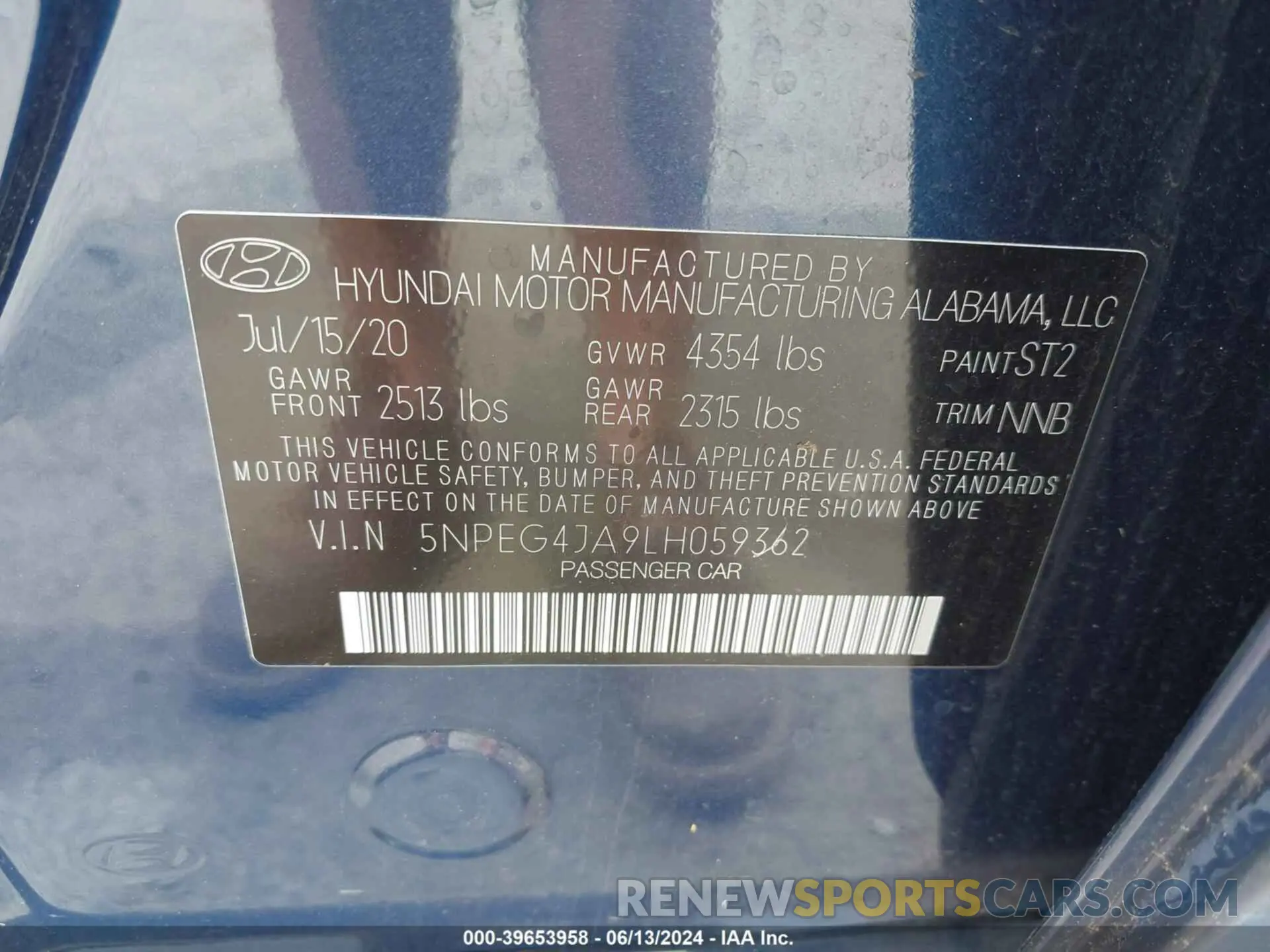 9 fotografías del automóvil dañado 5NPEG4JA9LH059362 HYUNDAI SONATA 2020