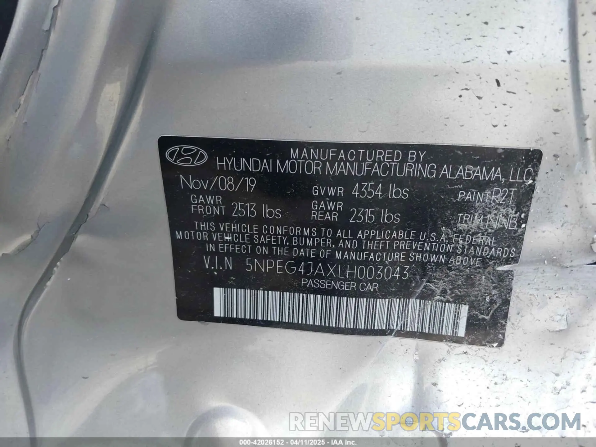 9 fotografías del automóvil dañado 5NPEG4JAXLH003043 HYUNDAI SONATA 2020