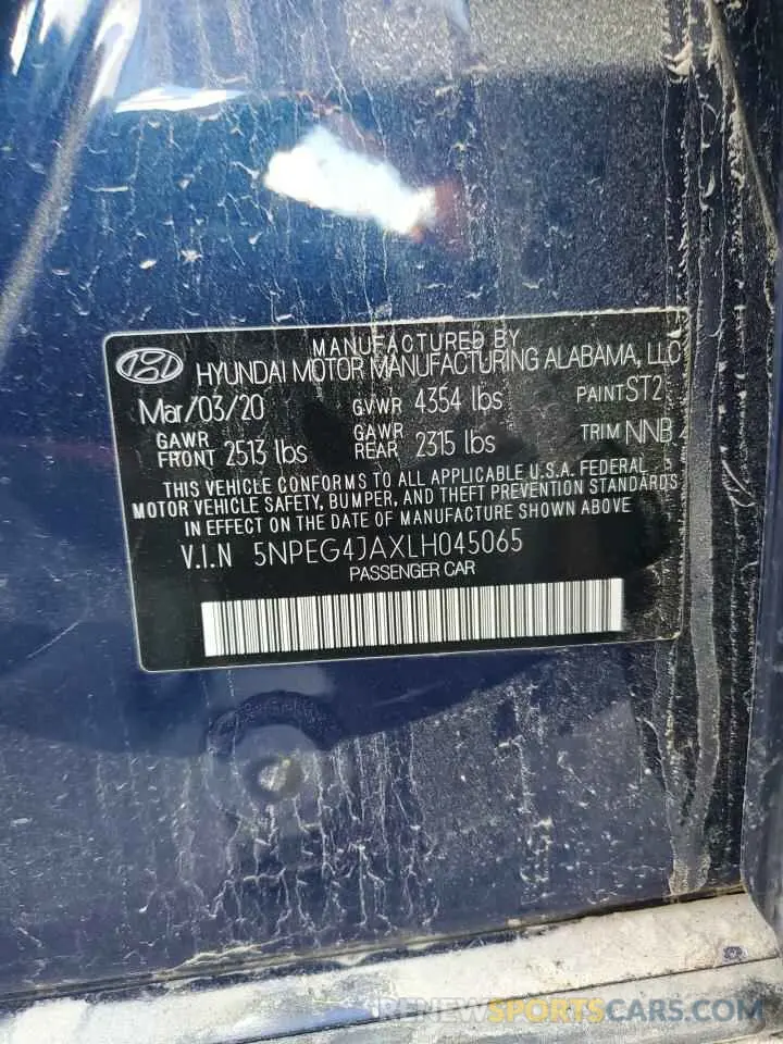 12 fotografías del automóvil dañado 5NPEG4JAXLH045065 HYUNDAI SONATA 2020