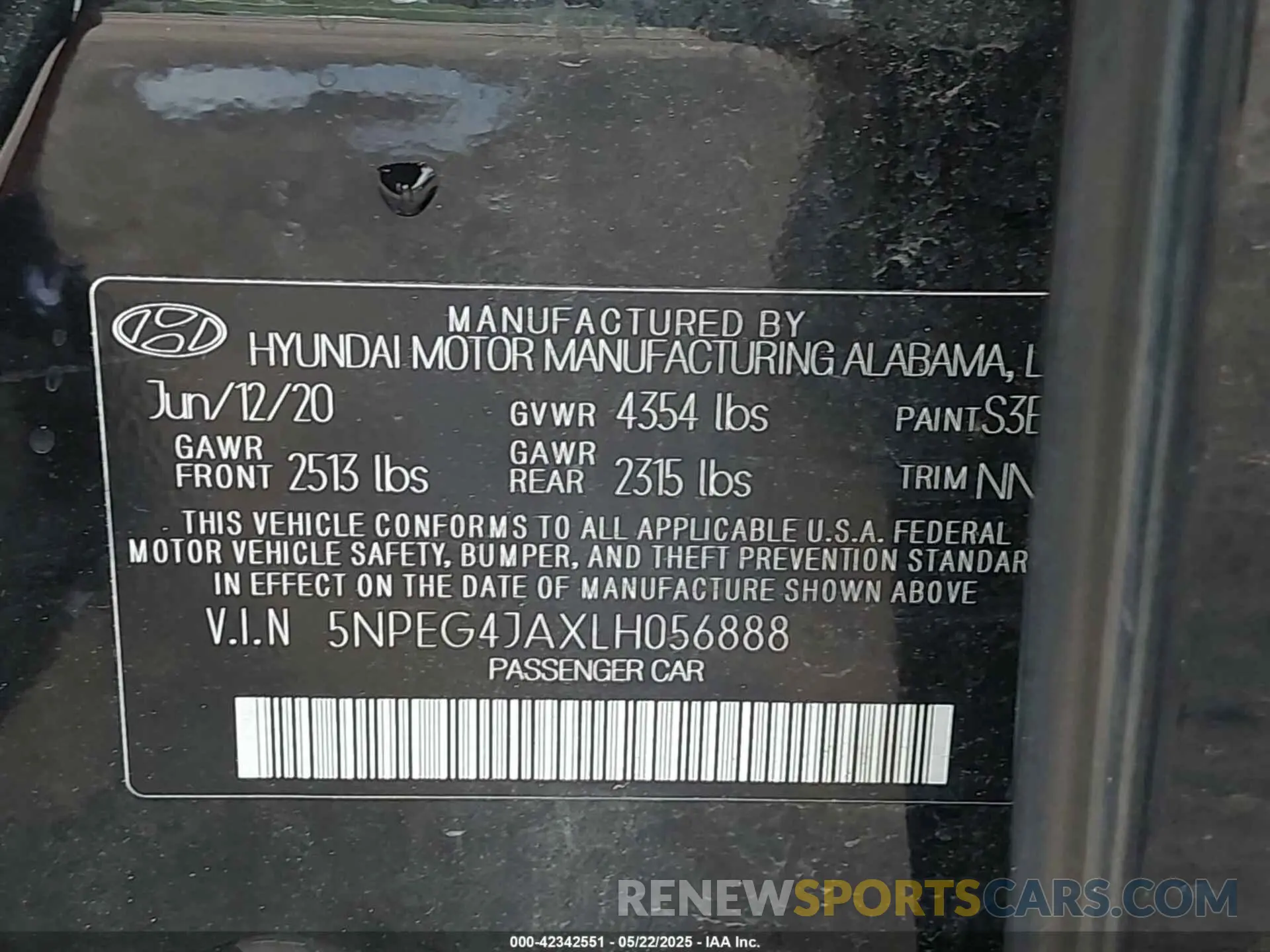 9 fotografías del automóvil dañado 5NPEG4JAXLH056888 HYUNDAI SONATA 2020
