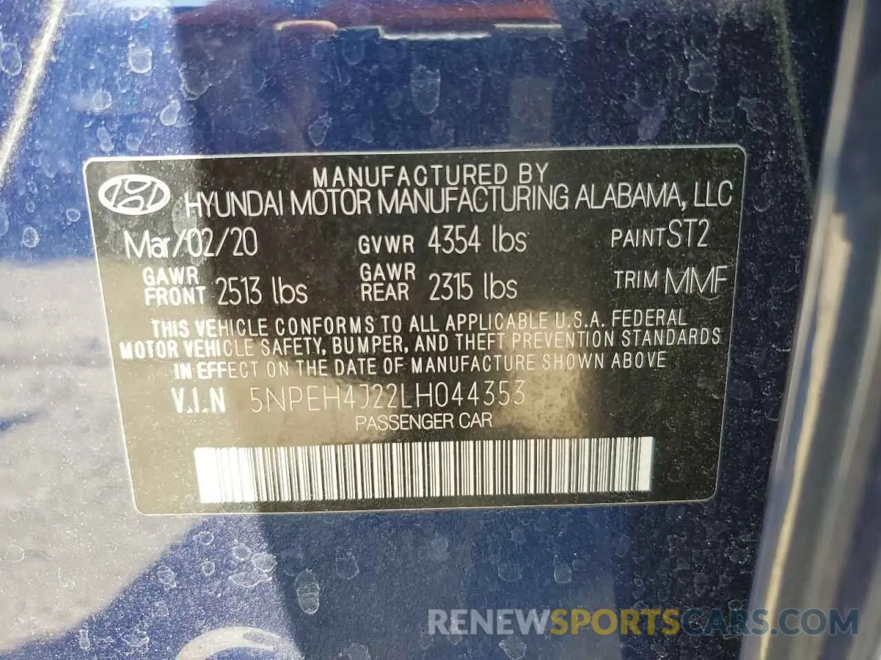 13 fotografías del automóvil dañado 5NPEH4J22LH044353 HYUNDAI SONATA 2020