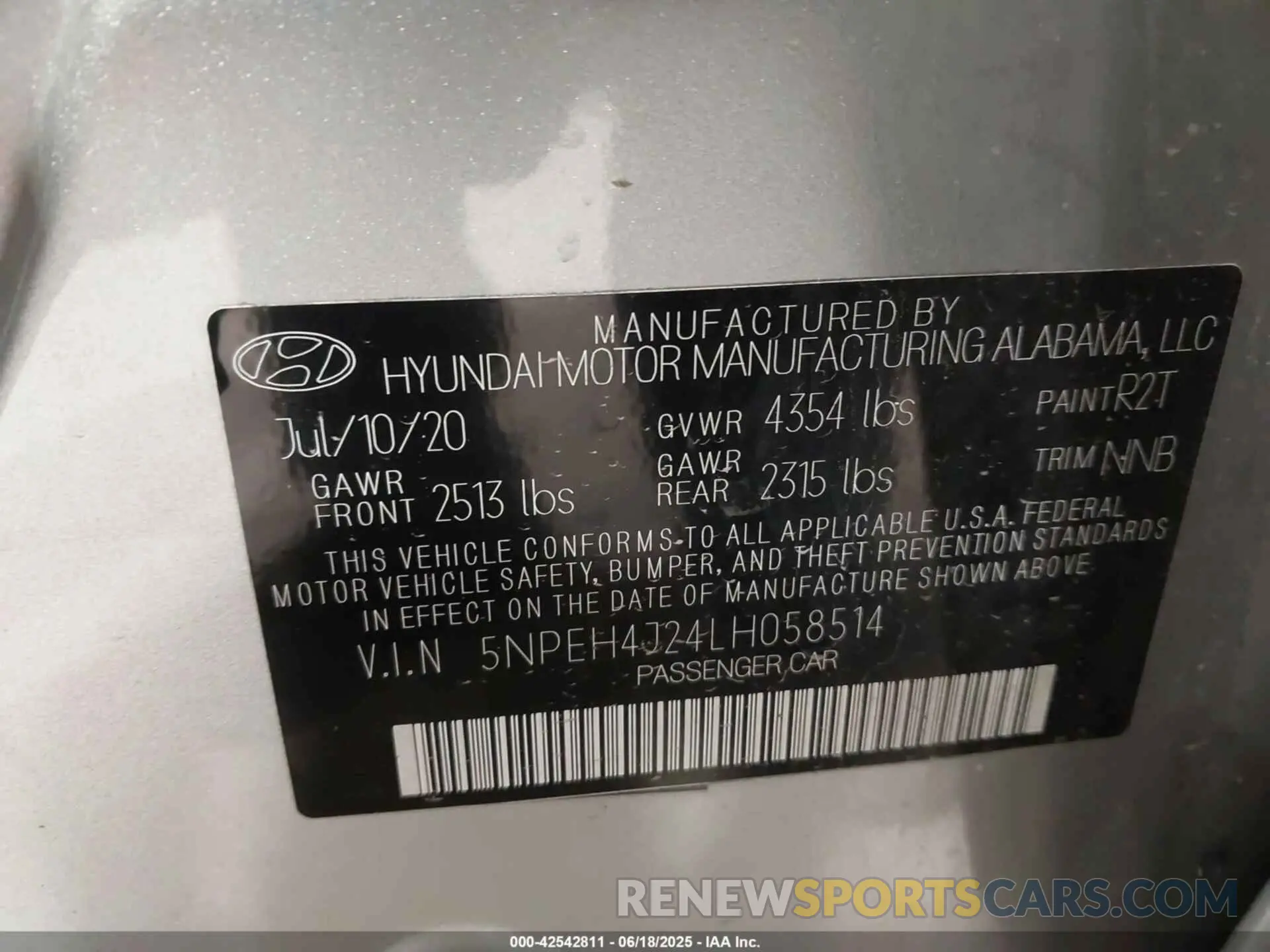9 fotografías del automóvil dañado 5NPEH4J24LH058514 HYUNDAI SONATA 2020