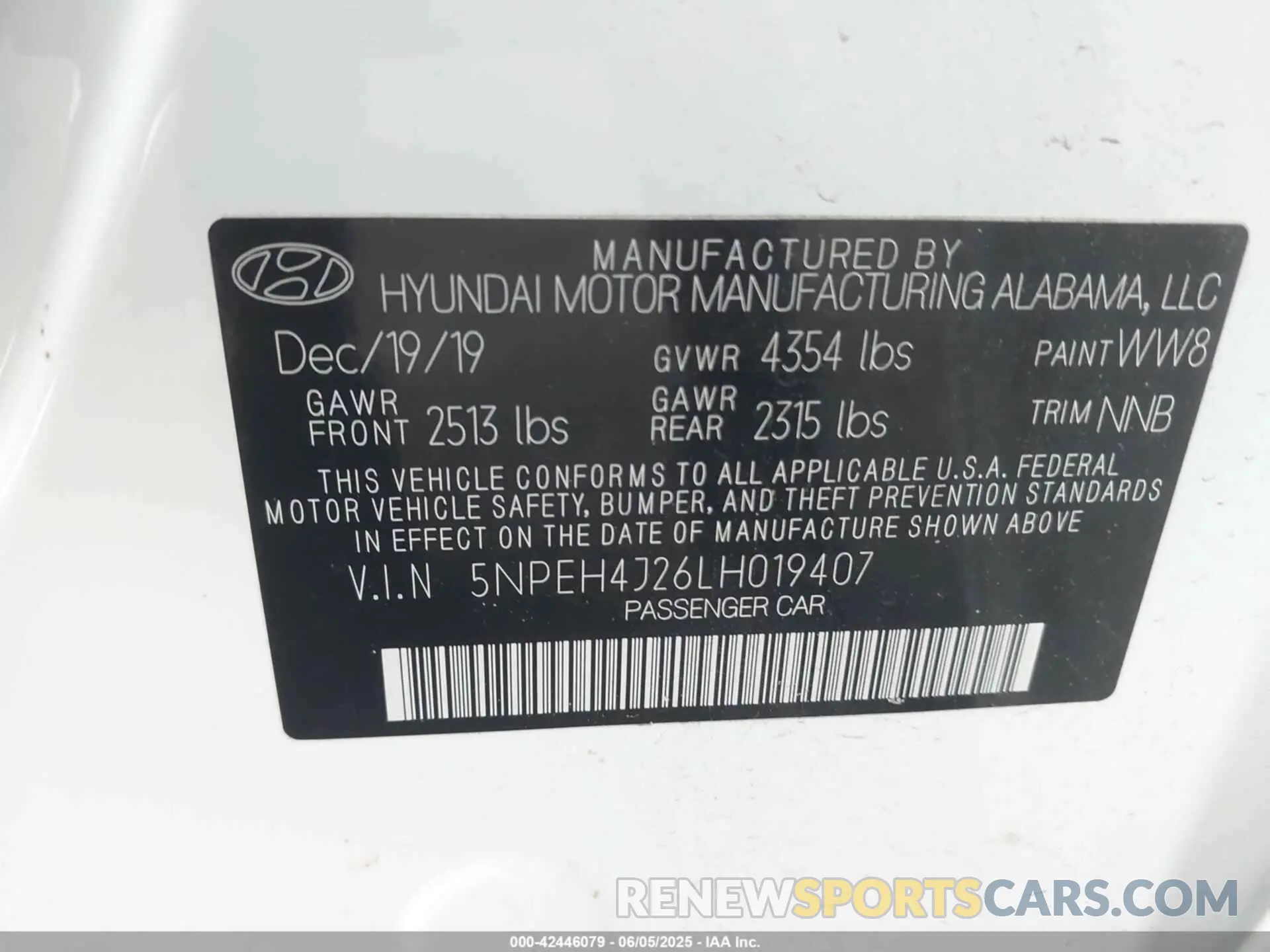 9 fotografías del automóvil dañado 5NPEH4J26LH019407 HYUNDAI SONATA 2020