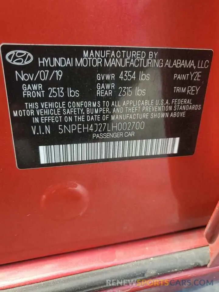 14 fotografías del automóvil dañado 5NPEH4J27LH002700 HYUNDAI SONATA 2020