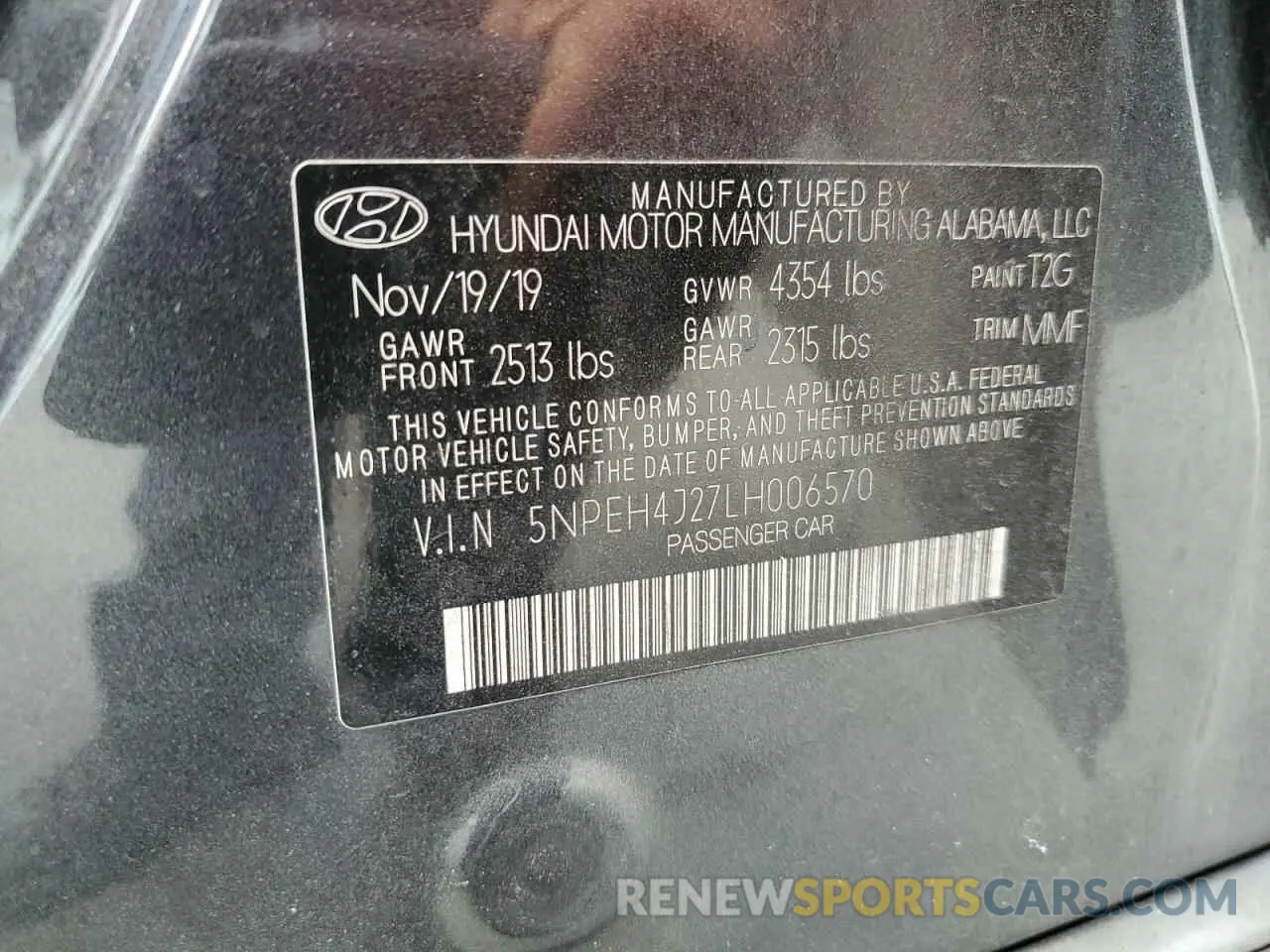 12 fotografías del automóvil dañado 5NPEH4J27LH006570 HYUNDAI SONATA 2020