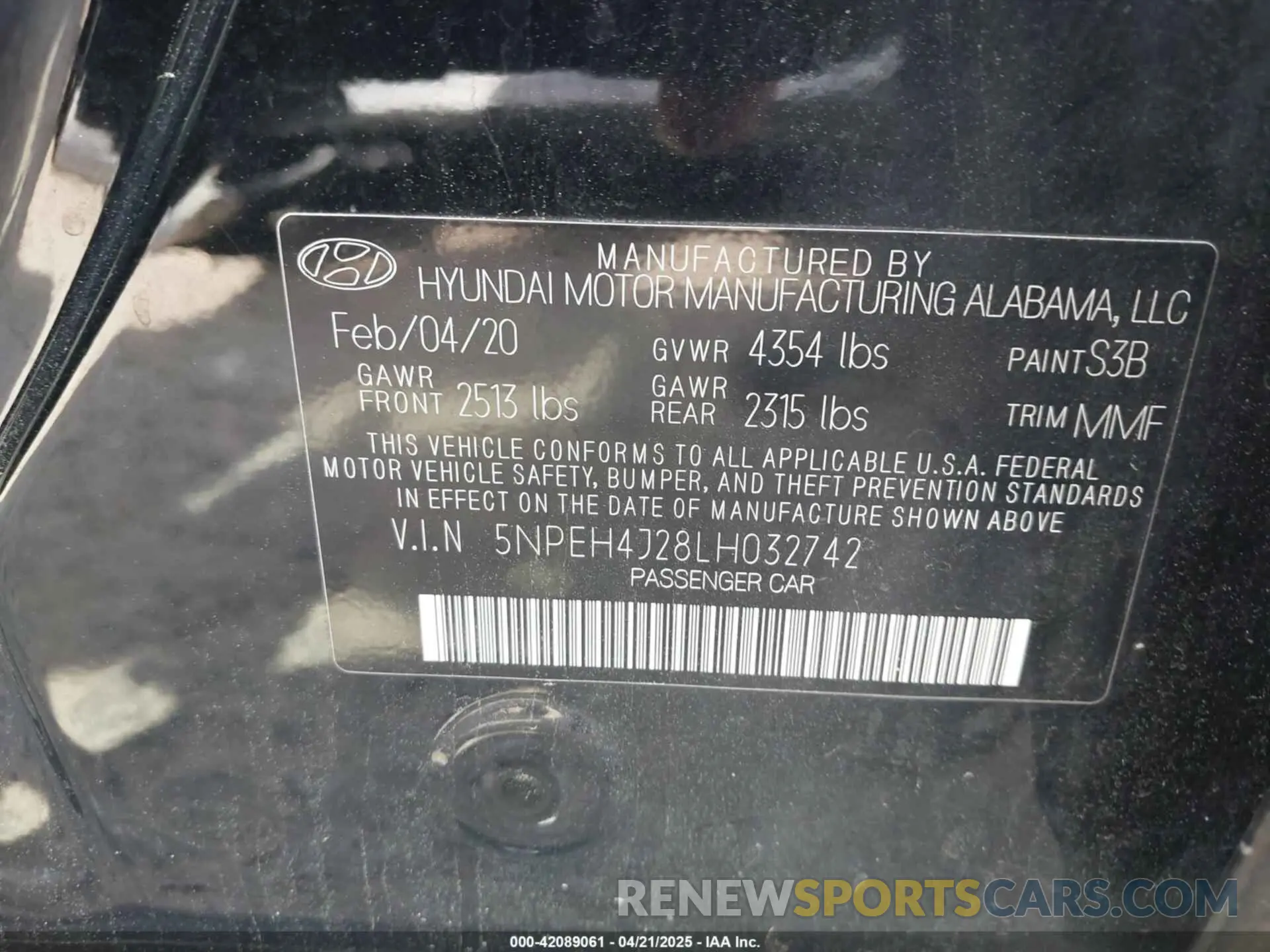 9 fotografías del automóvil dañado 5NPEH4J28LH032742 HYUNDAI SONATA 2020