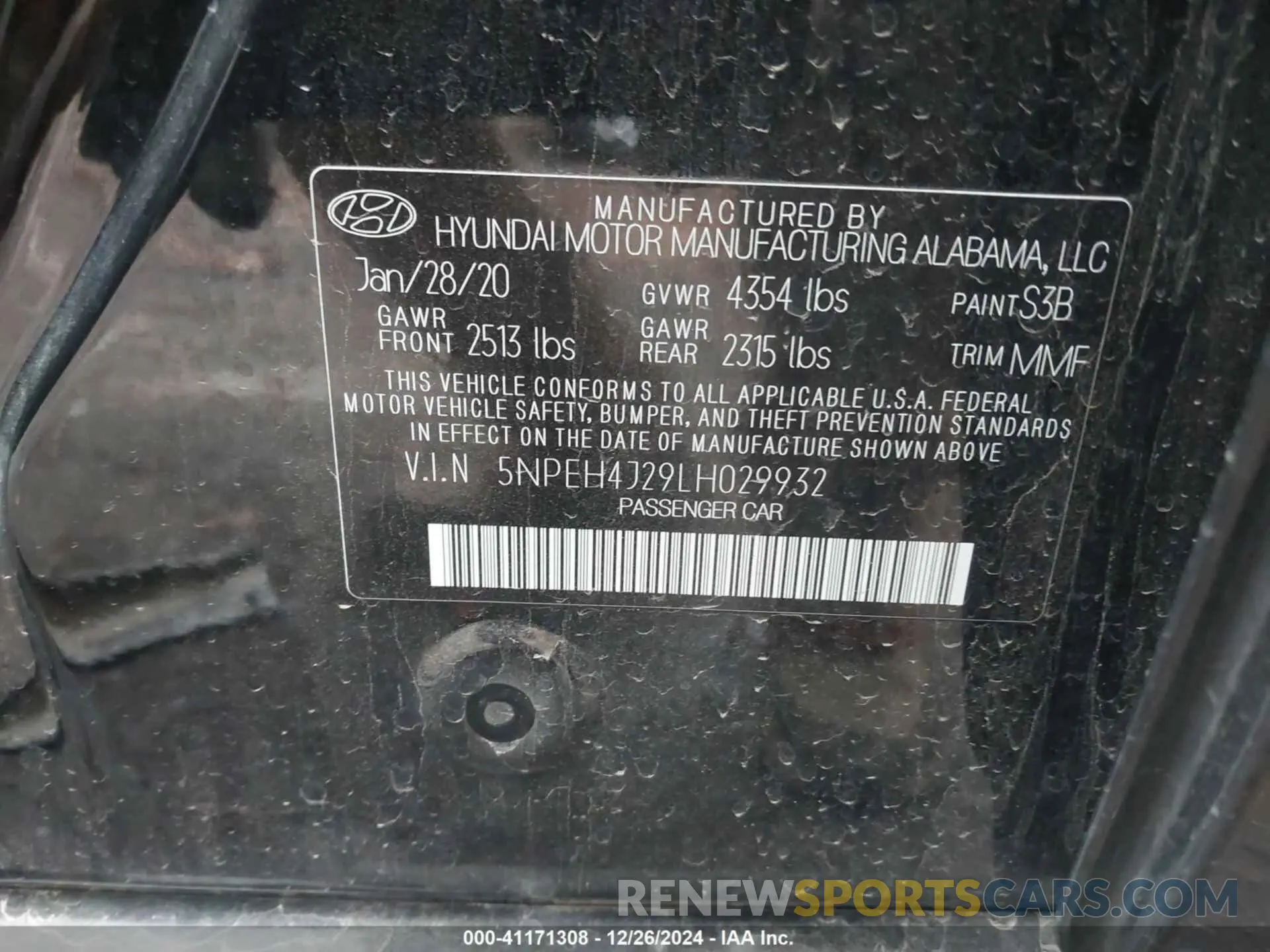 9 fotografías del automóvil dañado 5NPEH4J29LH029932 HYUNDAI SONATA 2020