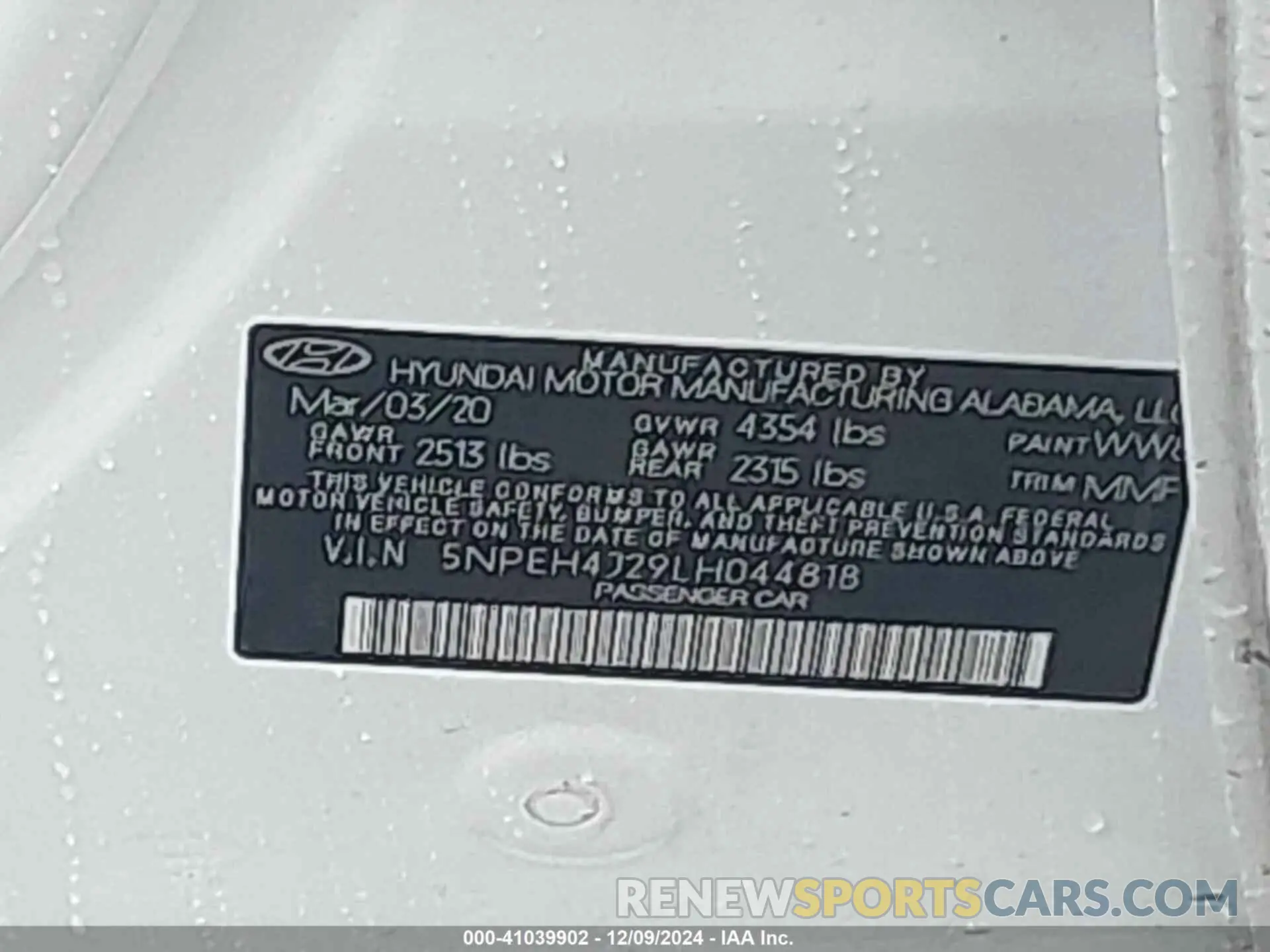 9 fotografías del automóvil dañado 5NPEH4J29LH044818 HYUNDAI SONATA 2020
