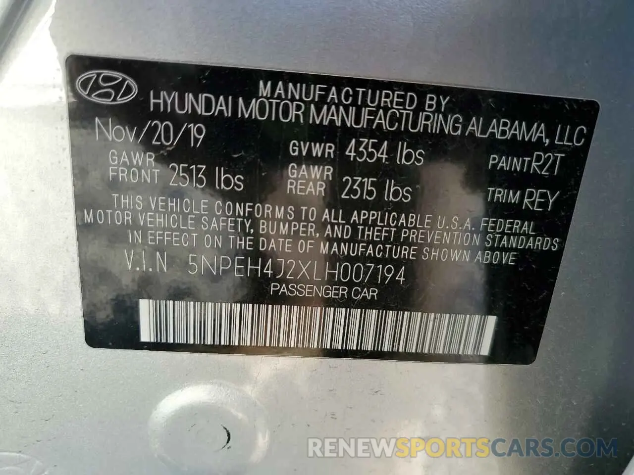 12 fotografías del automóvil dañado 5NPEH4J2XLH007194 HYUNDAI SONATA 2020