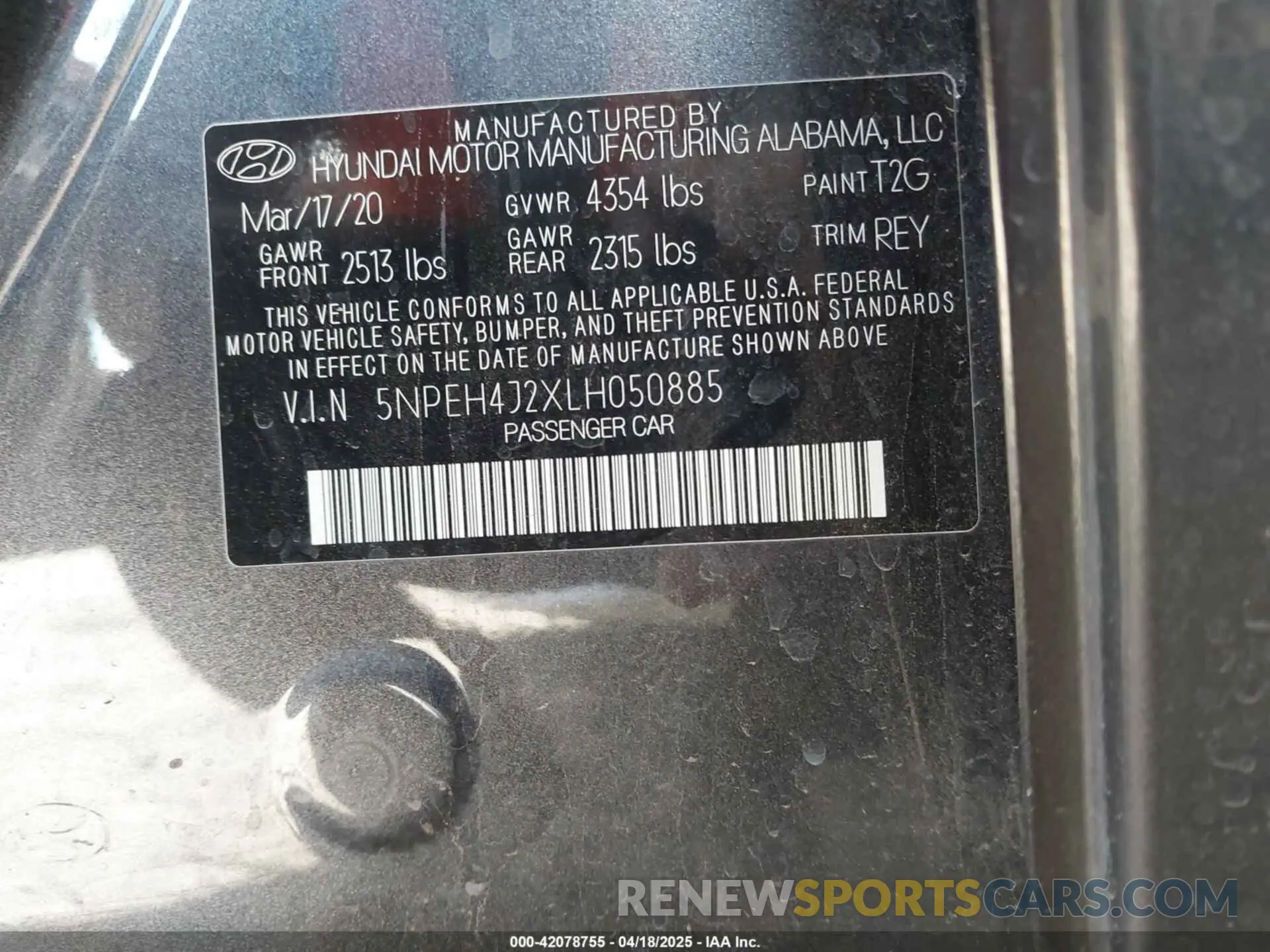 9 fotografías del automóvil dañado 5NPEH4J2XLH050885 HYUNDAI SONATA 2020