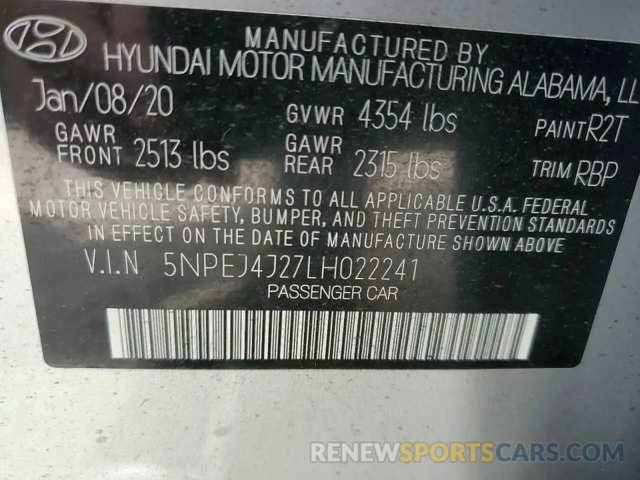 13 fotografías del automóvil dañado 5NPEJ4J27LH022241 HYUNDAI SONATA 2020