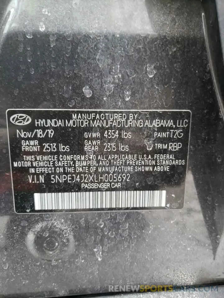 12 fotografías del automóvil dañado 5NPEJ4J2XLH005692 HYUNDAI SONATA 2020