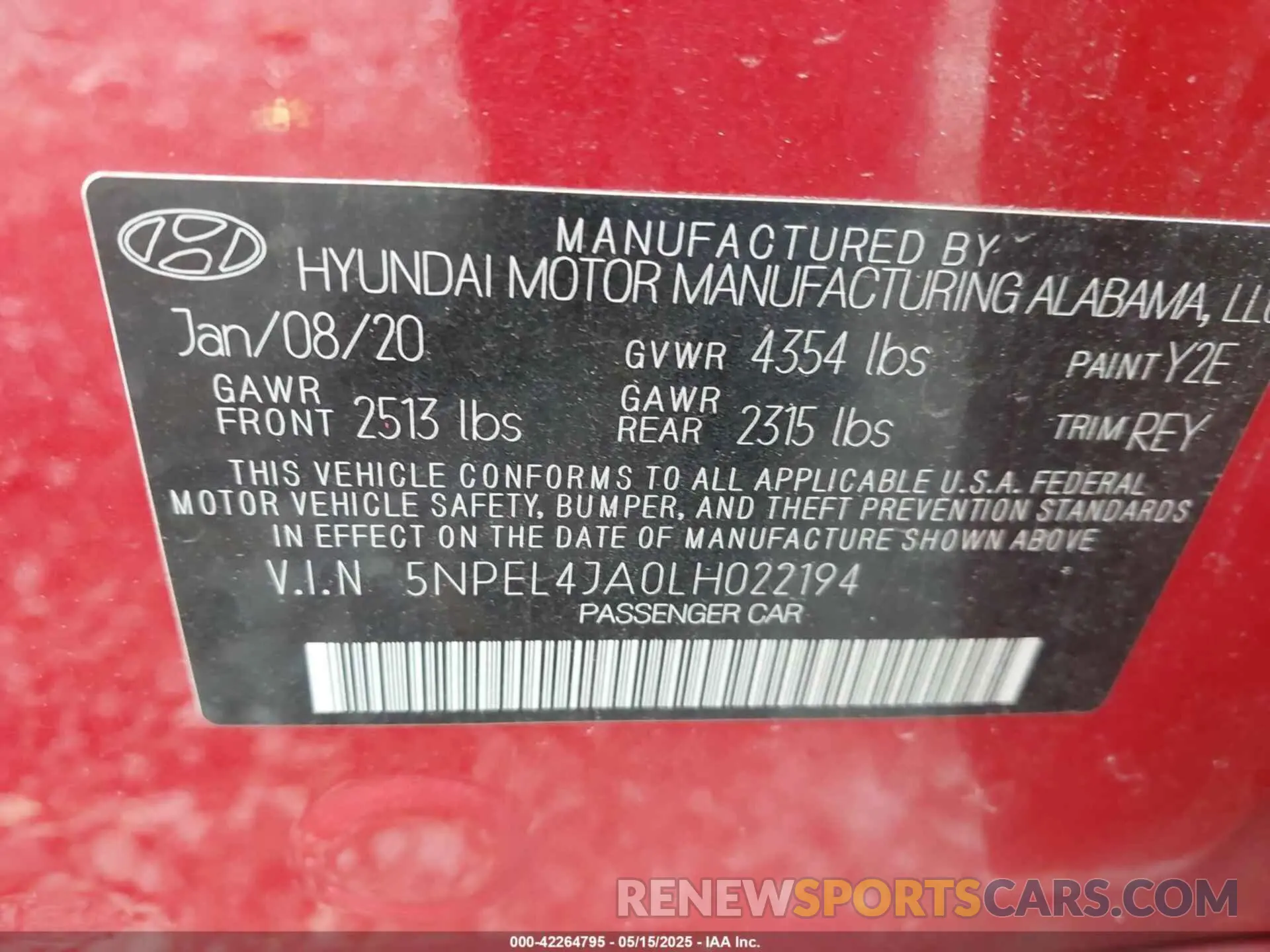 9 fotografías del automóvil dañado 5NPEL4JA0LH022194 HYUNDAI SONATA 2020