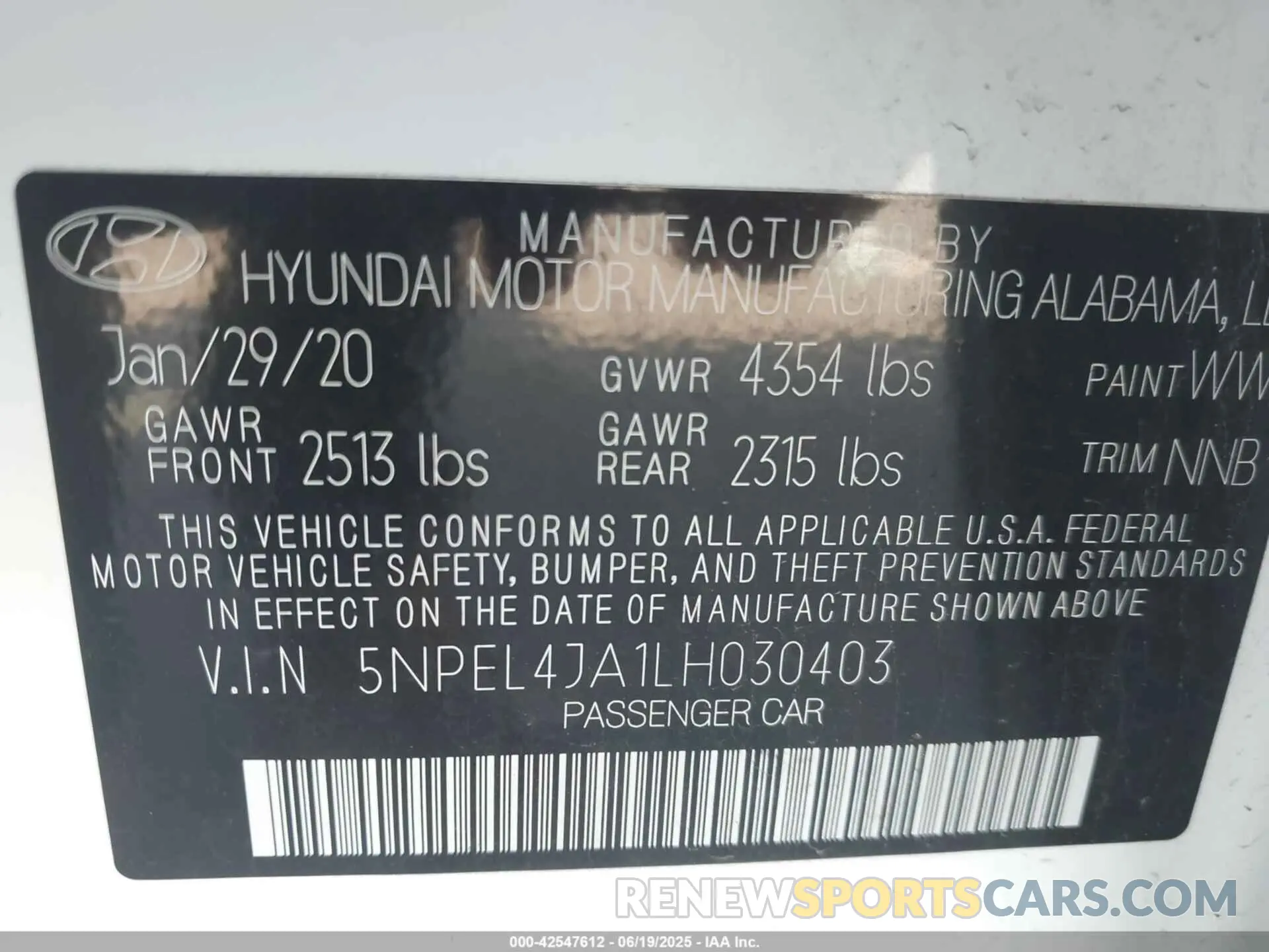 9 fotografías del automóvil dañado 5NPEL4JA1LH030403 HYUNDAI SONATA 2020