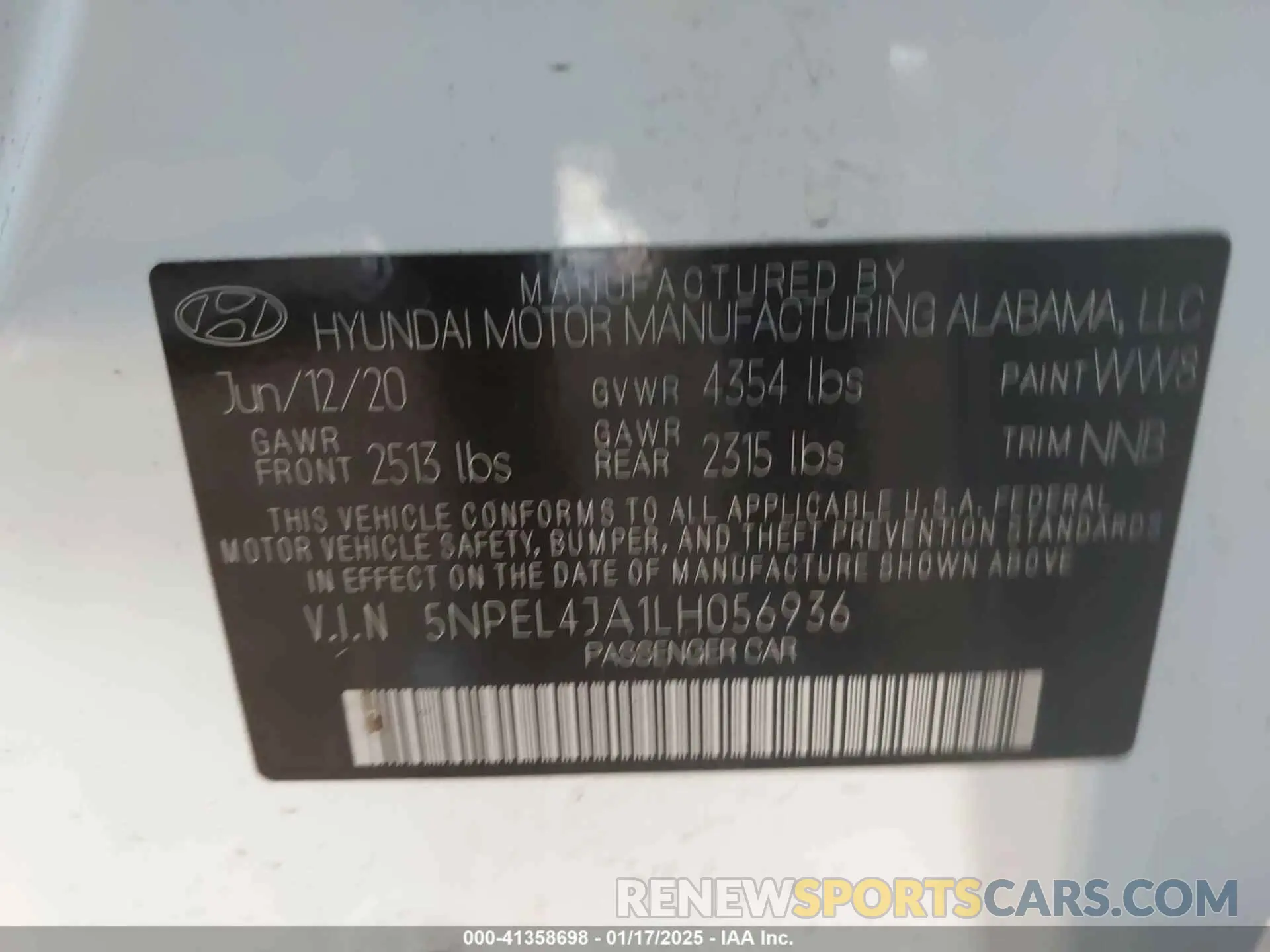 9 fotografías del automóvil dañado 5NPEL4JA1LH056936 HYUNDAI SONATA 2020