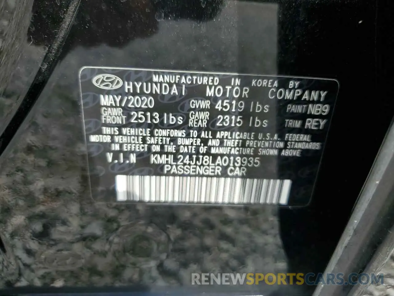 12 fotografías del automóvil dañado KMHL24JJ8LA013935 HYUNDAI SONATA 2020