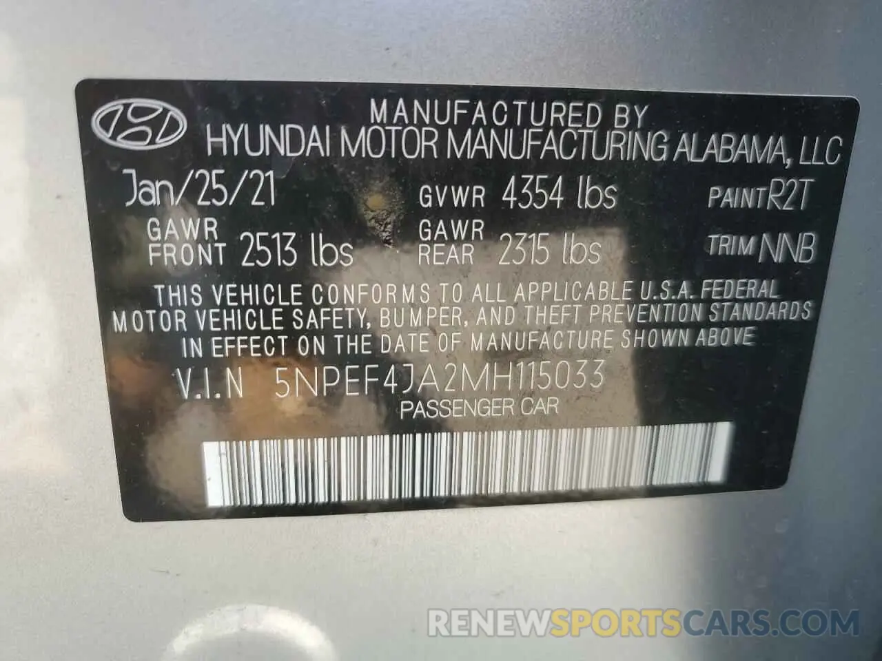 12 fotografías del automóvil dañado 5NPEF4JA2MH115033 HYUNDAI SONATA 2021